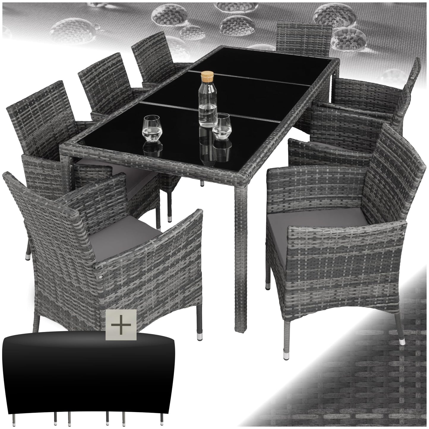 tectake® edles Outdoor Gartenmöbel Set Rattan Sitzgruppe mit Sessel und Tisch für 8 Personen, inkl. Schutzhülle und Polstern, Balkon Möbel wetterfest - Natur/dunkelgrau