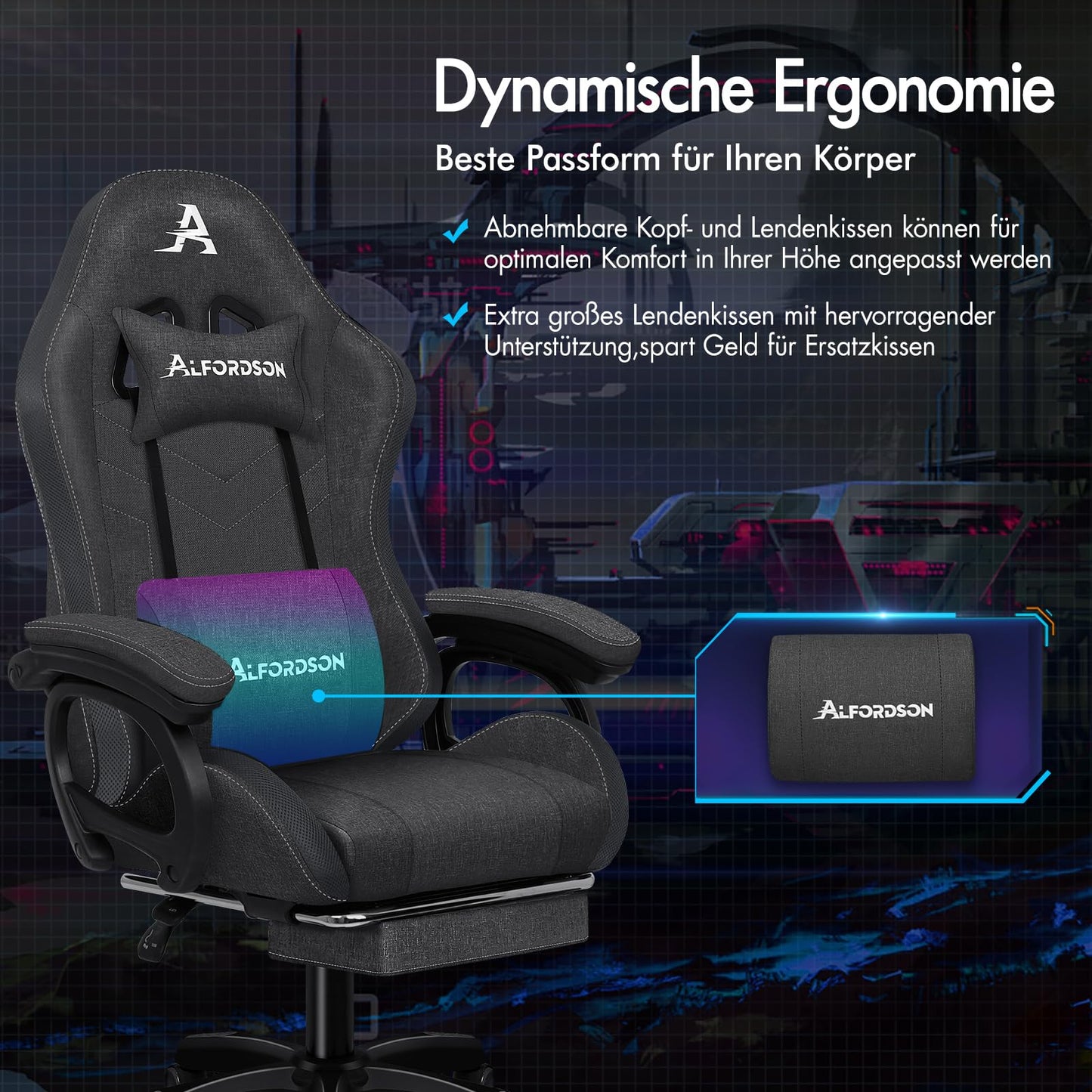 ALFORDSON Gaming Stuhl mit 8-Punkt Massage 12 Farben RGB LED-Licht, Bürostuhl Ergonomisch mit fußstützen, Kopfstütze Lendenkissen für Kinder Erwachsene, Schwarz