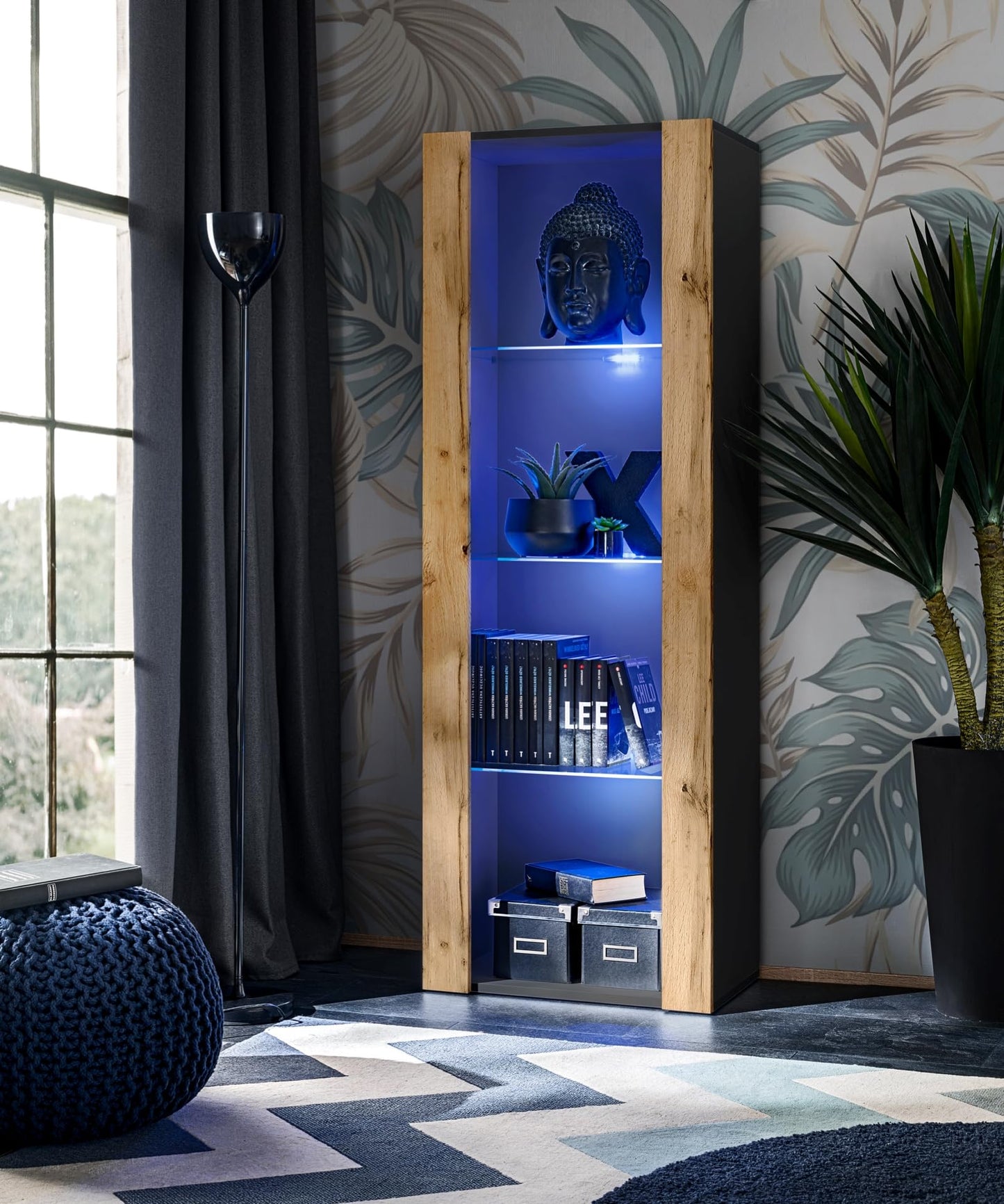 Komodee Tivoli Medio Wall Unit Living Room Set, Black/Black, Width 245 cm x Height 159 cm x Depth 35 cm, LED Blue, for Living Room, Bedroom