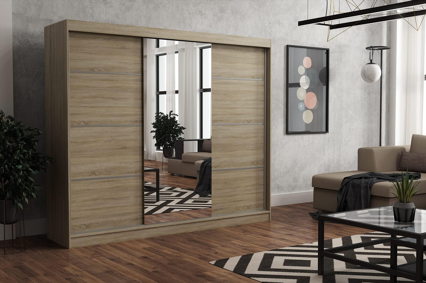 Brent - Tom Wardrobe with Mirror, 160 cm Wide, Bedroom Wardrobe with 1 Clothes Rail and Shelves for Clothes, Wardrobe Grey