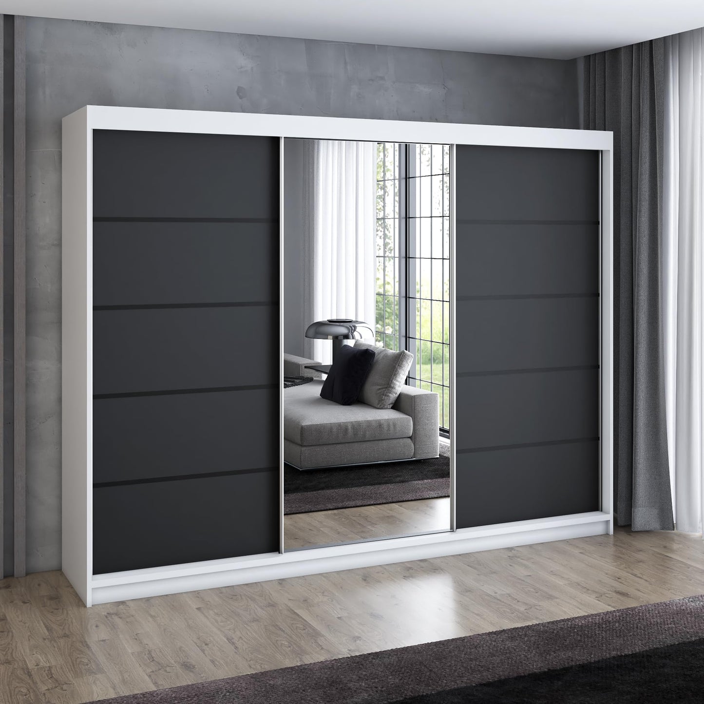 A&J MöbelLand Schwebetürenschrank VILANO 2, 3-türig Schrank 200 cm Kleiderschrank mit 4 Schubladen, und Spiegel (Weiß, Schwarz, Somona) (Schwarz/schwarz/schwarz)