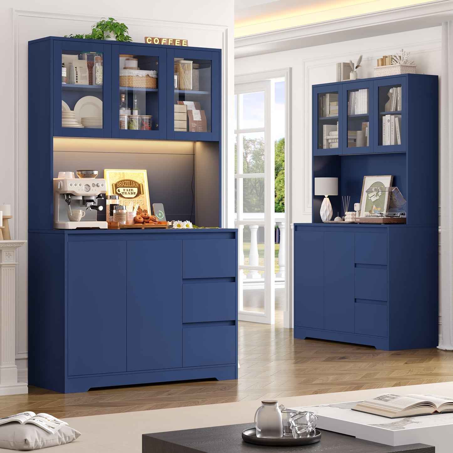 FirFurd Kitchen Cabinet Buffet Cabinet with LED Sideboard for Kitchen with Power Strip Kitchen Cabinet with Worktop and 3 Drawers Kitchen Buffet with Adjustable Shelf 180 x 100 x 38.5 cm (Black)