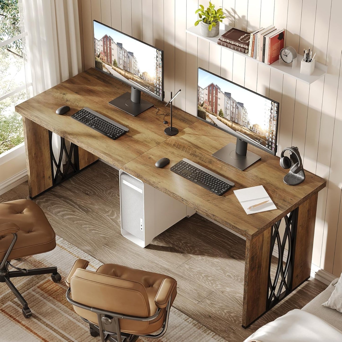 Tribesigns Computer Desk, 200 x 70 x 76 cm, Double Long Desk, PC Table, Office Table, Work Table, Industrial Design Conference Table for Home Office, Brown