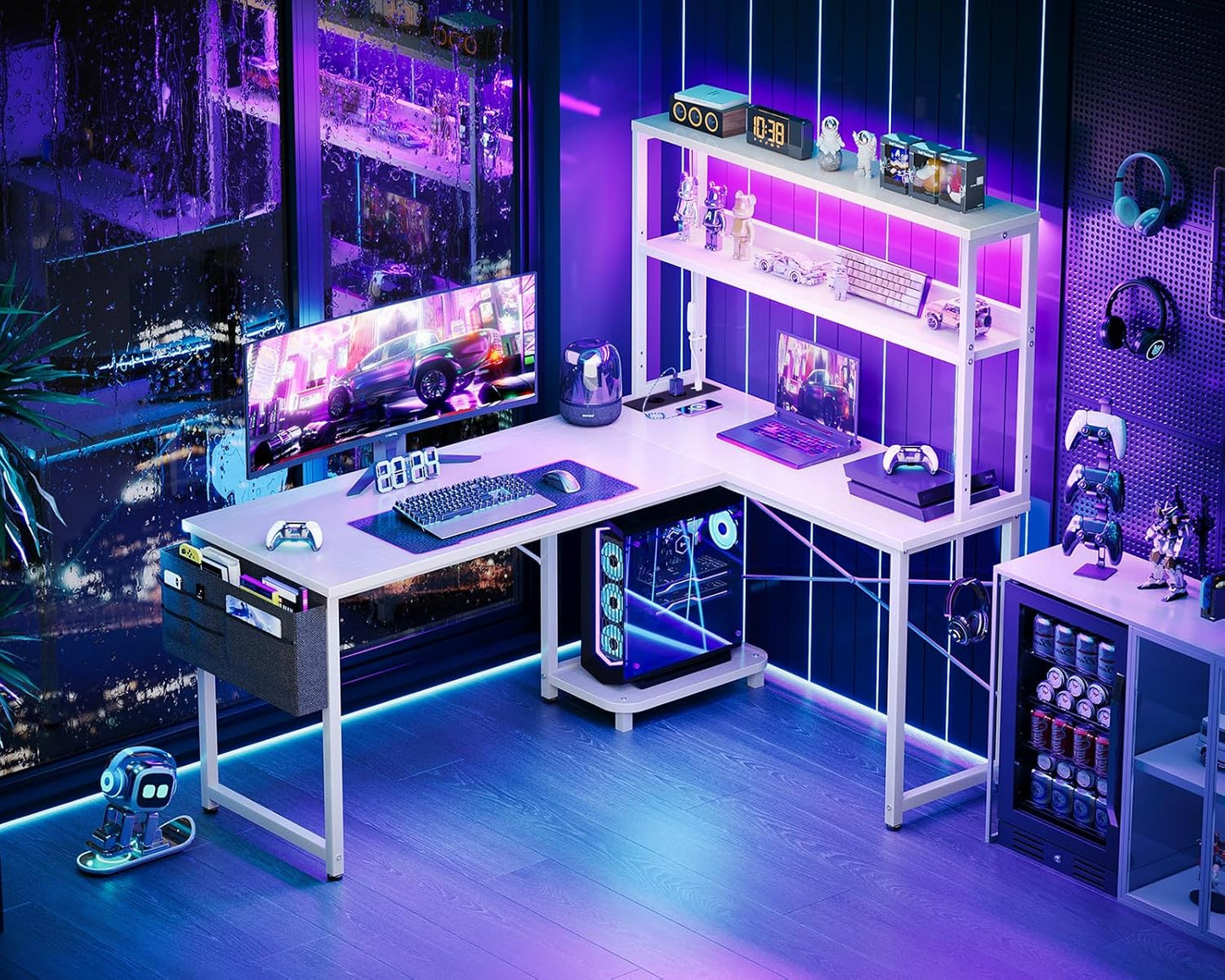 Coleshome Gaming Tisch L Form mit LED & Steckdosen, 135 × 100 cm Reversibel Gaming Schreibtisch mit Ablageregalen, Eckschreibtisch mit Aufbewahrungstasche für Homeoffice und Gaming, Schwarz
