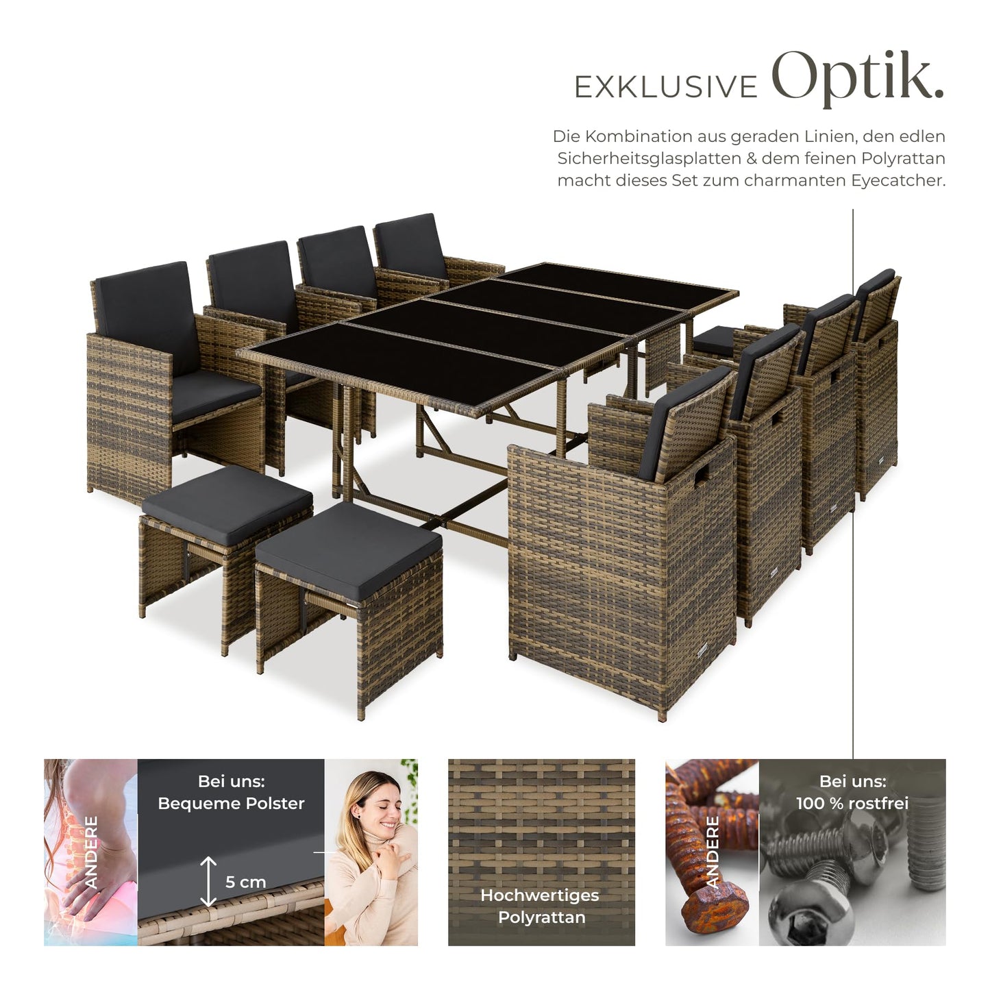tectake Gartenlounge Set, Polyrattan Gartenmöbel Set, 8+4+1 Sitzgruppe, 8 Stühle 4 Hocker 1 Tisch, Balkon Möbel als Würfel verstaubar, für Garten, Balkon, Terrasse - grau/hellgrau