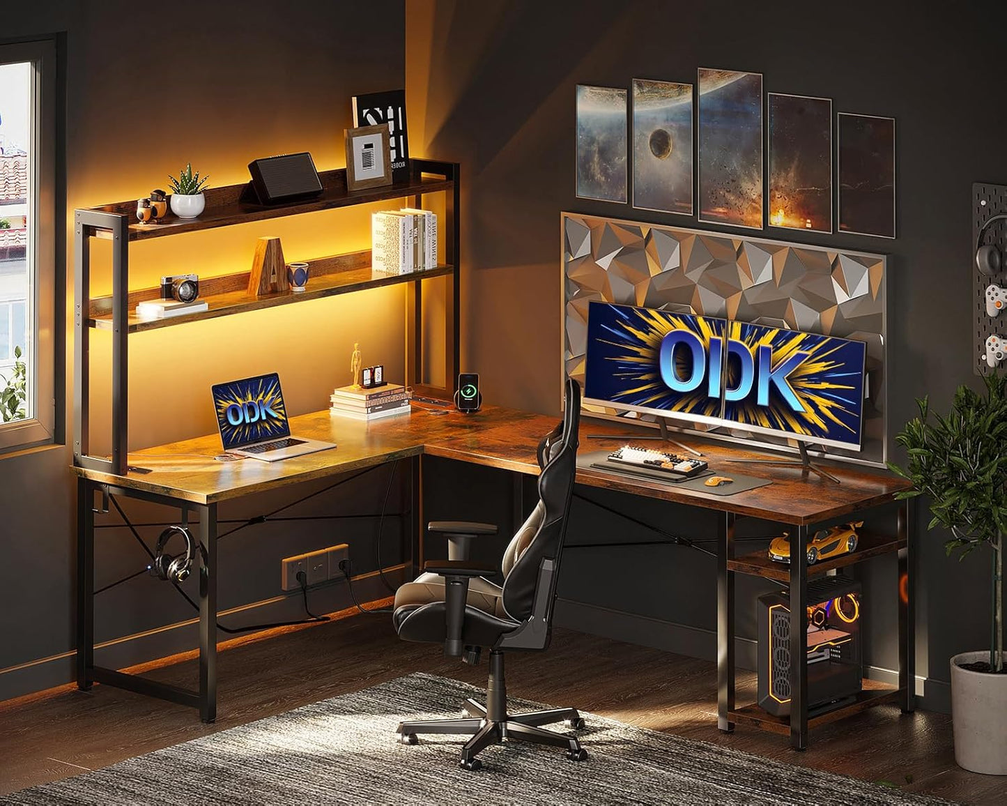 ODK Eckschreibtisch Weiß mit Stall, 150×120 cm Reversibel Gaming Tish L Form mit LED, Computertisch mit USB-Ladeanschluss&Steckdose, Gaming Schreibtisch für das Heimbüro