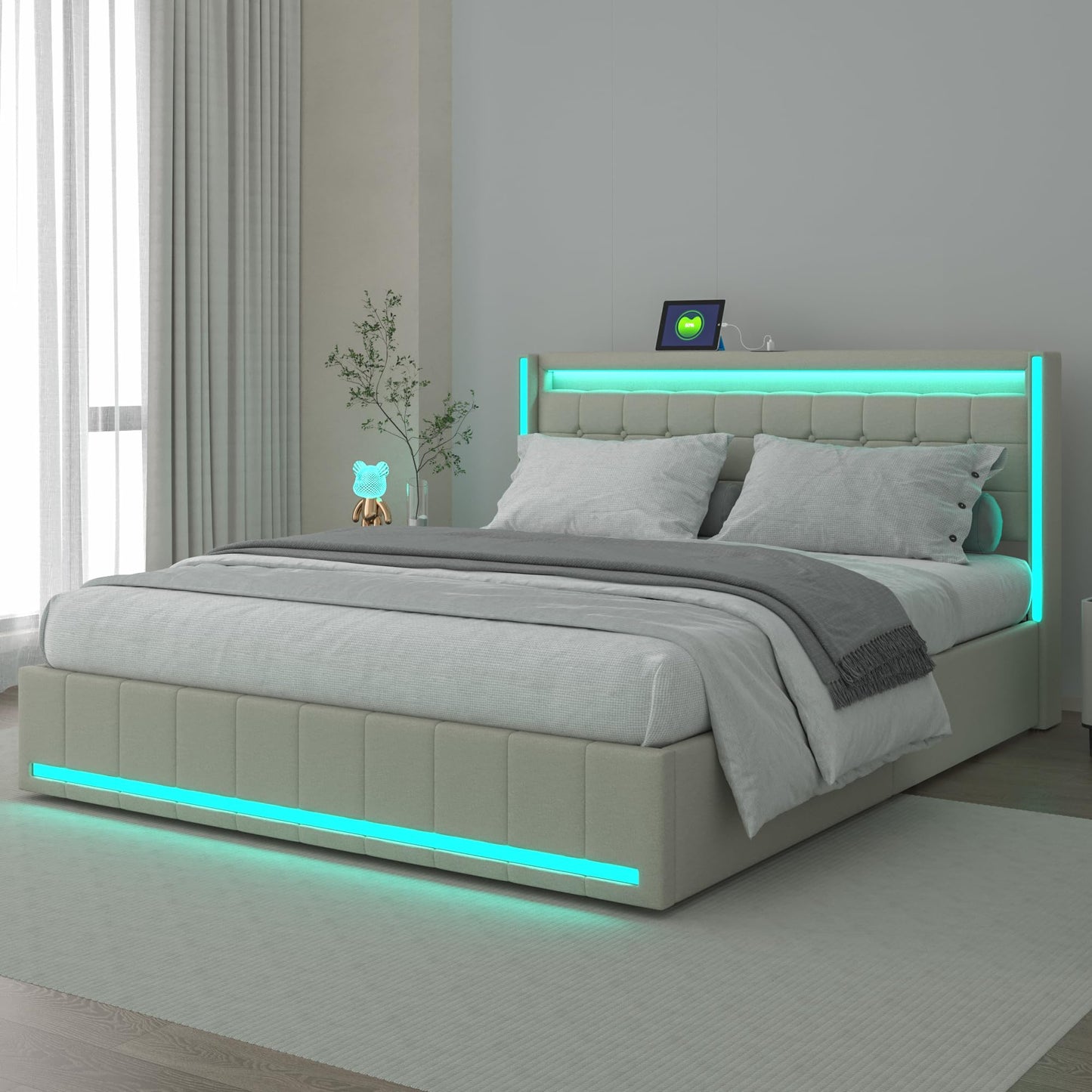 KeepGoon Doppelbett 140 x 200 cm,Polsterbett mit LED-Leuchten, 4 Eisenschubladen und einem USB Ladeanschluss,Stauraumbetten Bettgestell,Leinenstoff (Beige)