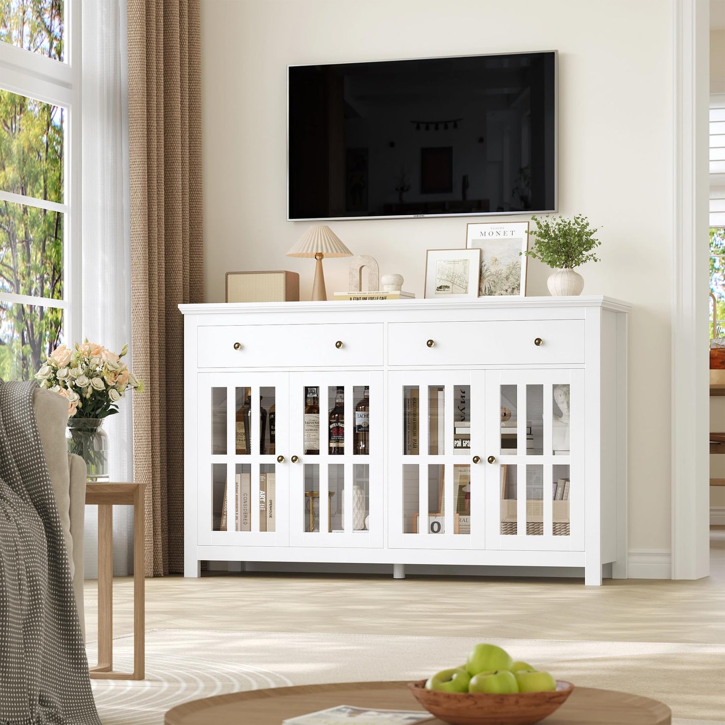 FirFurd Sideboard 140 cm Wide Kitchen Cabinet with Worktop Sideboard Living Room Kitchen Buffet Cabinet with 2 Drawers 4 Glass Doors Kitchen Buffet with Adjustable Shelves 140 x 40 x 91 cm Black