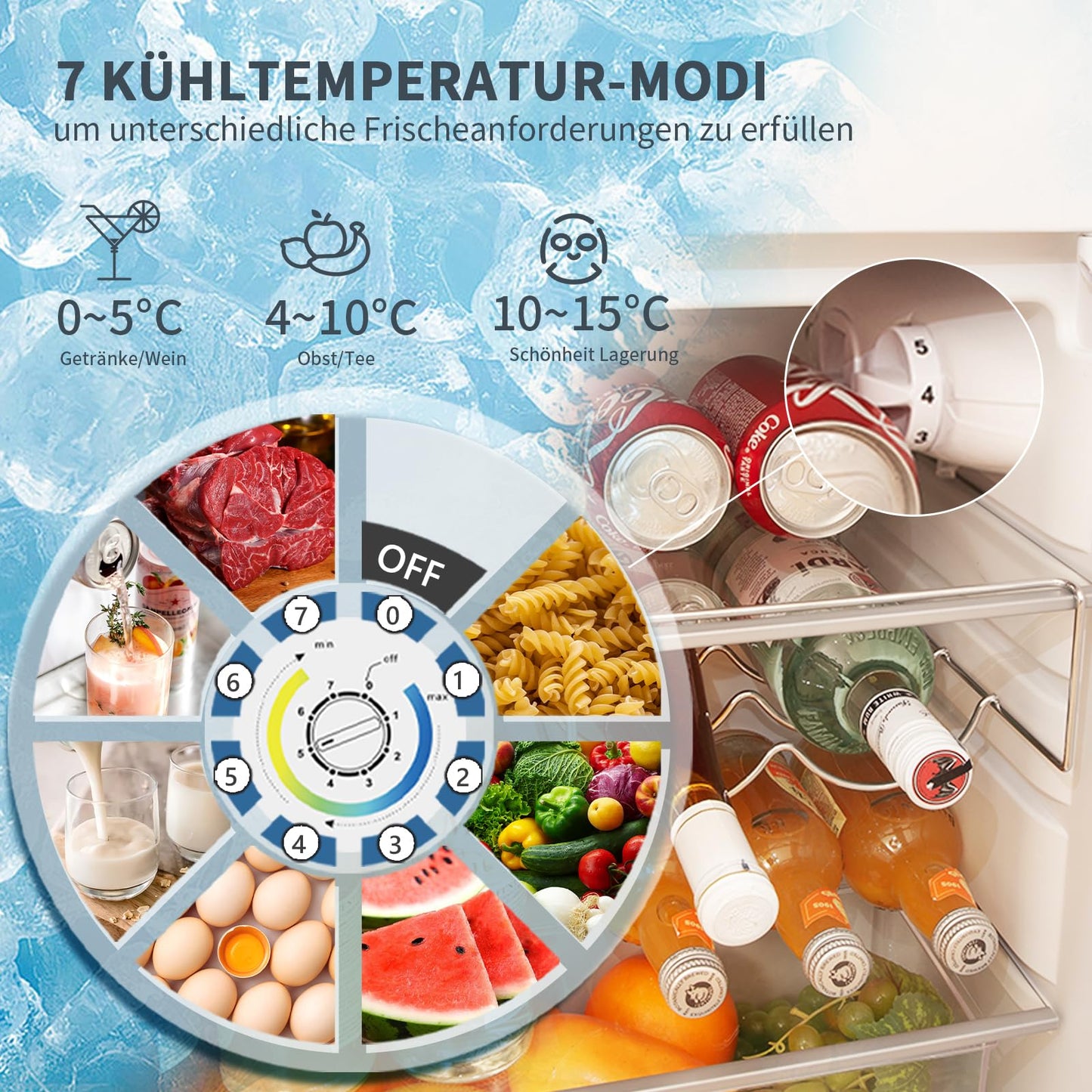 HCK 107L Retro Kühl-Gefrier-Kombinationen, Freistehender Kompakt Mini Kühlschrank mit Künstlerischer Bemalung, Einstellbarer Thermostat:0~10°C Kühlschrank und -25~-15°C Oberer Gefrierschrank Für Home