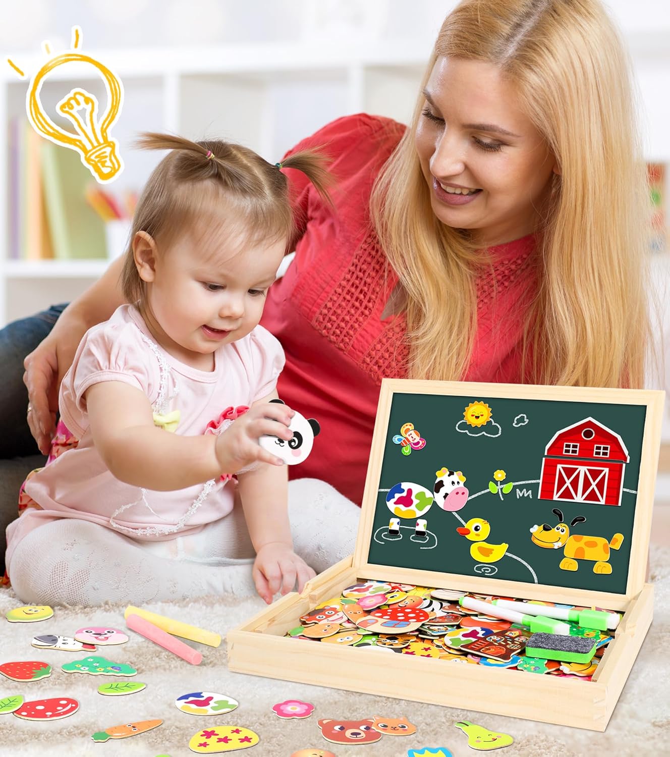 Jojoin 130 Stücke Magnetisches Holzpuzzle - 2025 Neu Montessori Holzpuzzle mit Doppelseitig Magnetisch | Wald | Bauernhof | Obst | Bus - Kreativ Spielzeug für Kinder