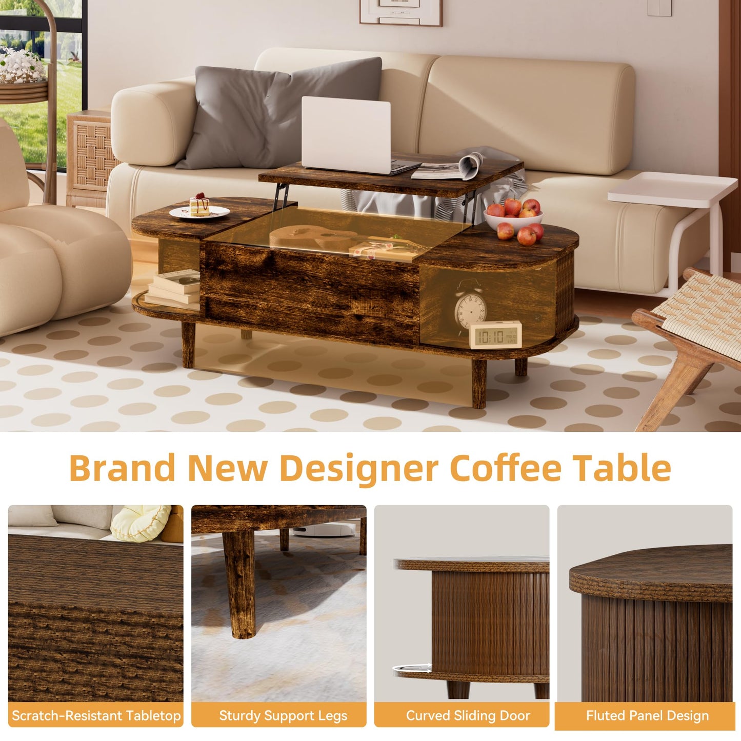 Coffee Table with Lifting Top - Modern Wooden Table with Unique Texture & Hidden Storage Space, Coffee Table for Living Room, Bedroom, Small Spaces, Home Office