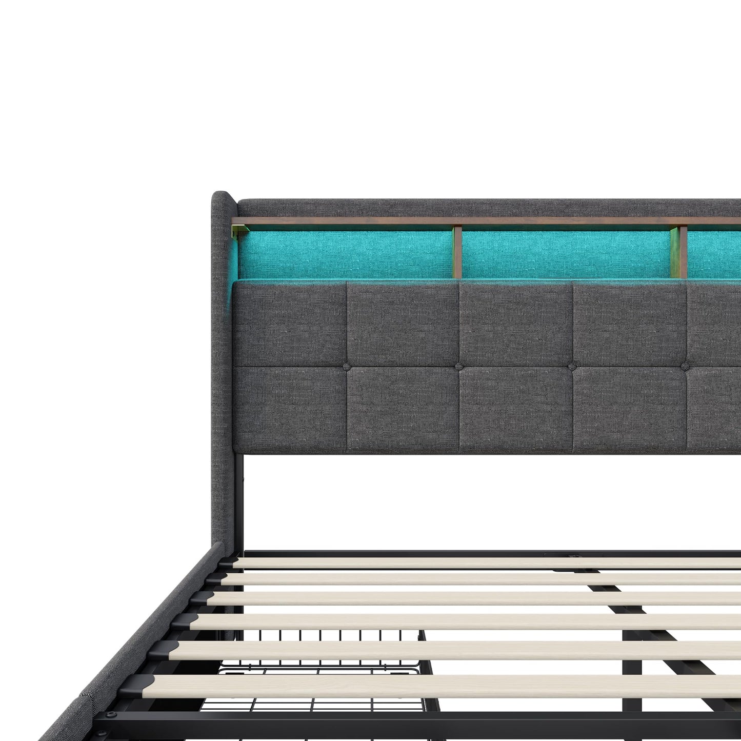 KeepGoon Doppelbett 140 x 200 cm,Polsterbett mit LED-Leuchten, 4 Eisenschubladen und einem USB Ladeanschluss,Stauraumbetten Bettgestell,Leinenstoff (Beige)