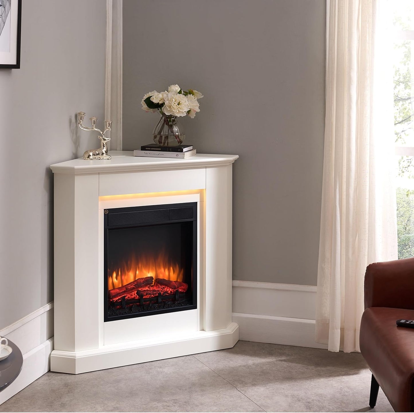 BALDERIA Elektrokamin Candela | Elektrischer Eckkamin mit 3D-Flammeneffekt | Elektro Heizung 2000W, LED-Beleuchtung, Fernbedienung, Timer & Thermostat | Weiß