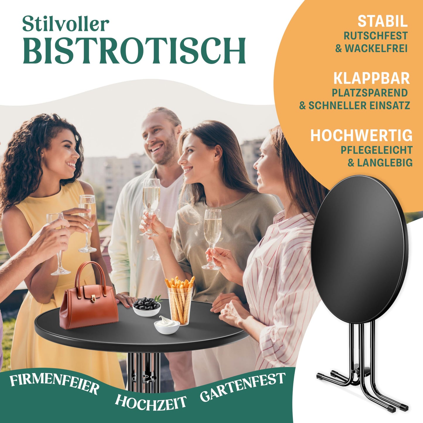 KESSER® Gastro Bar Table Folding Bistro Table Powder-Coated Stainless Steel Top Height-Adjustable Feet Party Table Diameter 80 cm Indoor and Outdoor Reception Table Folding Table Including Cover Black