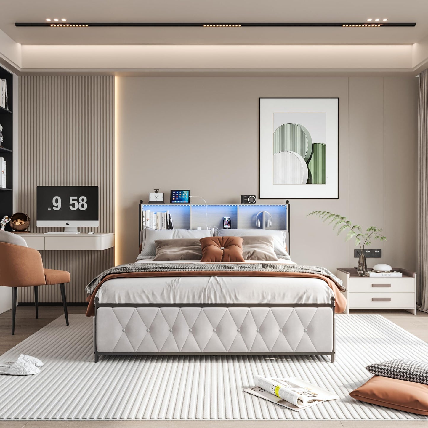 WOBOPCG Upholstered Double Bed 140 x 200, Hydraulic Storage Bed with Slatted Bases, Double Bed with Storage Space, Functional Bed with Storage Space (Grey + Flannel, 140 x 200)