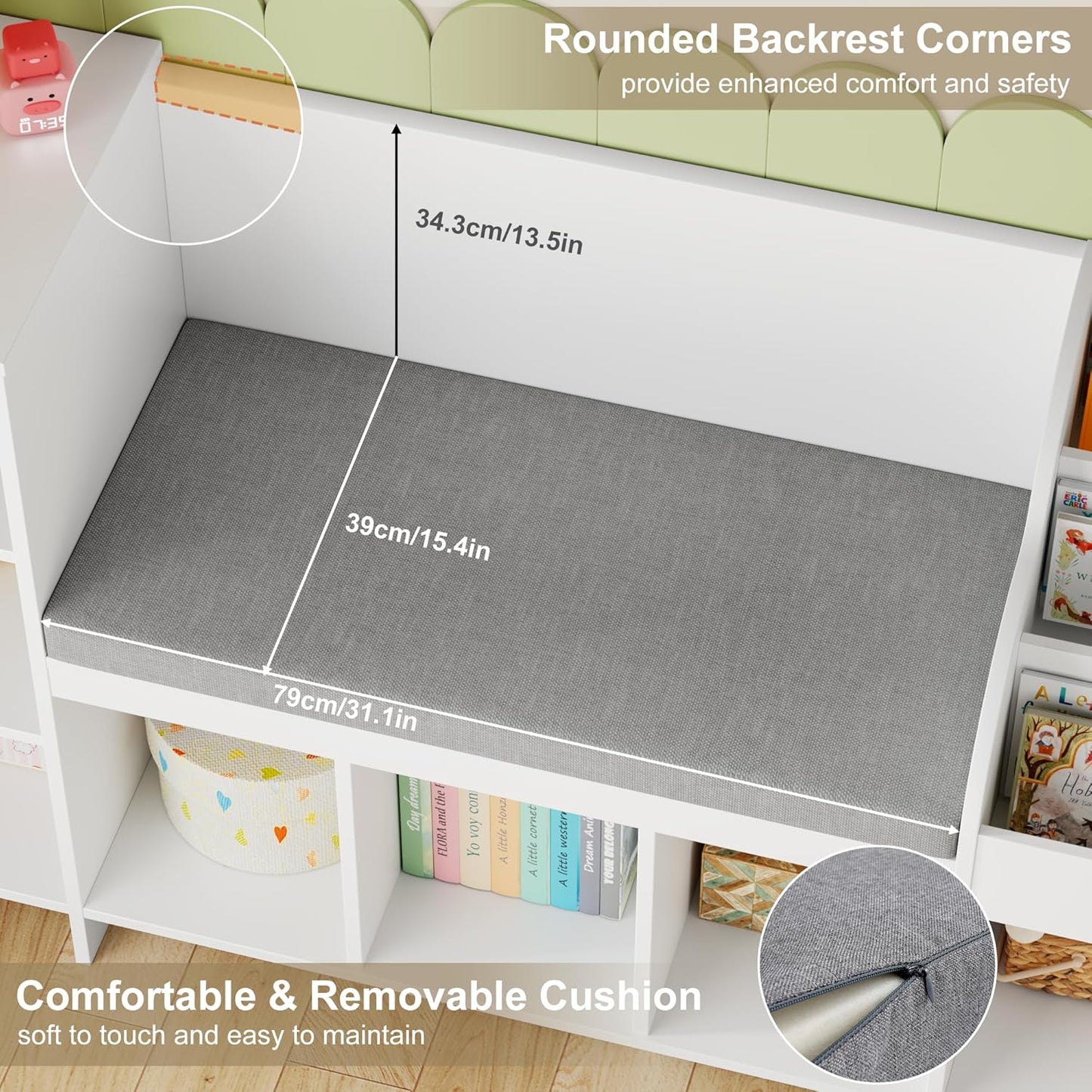 HOCSOK Kinderregal, 138.5 cm Bücherregal Kinder mit Kissen und 7 Ablagefächern, Spielzeugregal Aufbewahrung für Kinderzimmer, Spielzimmer, Kindergärten, Weiß, 80×40×138.5cm