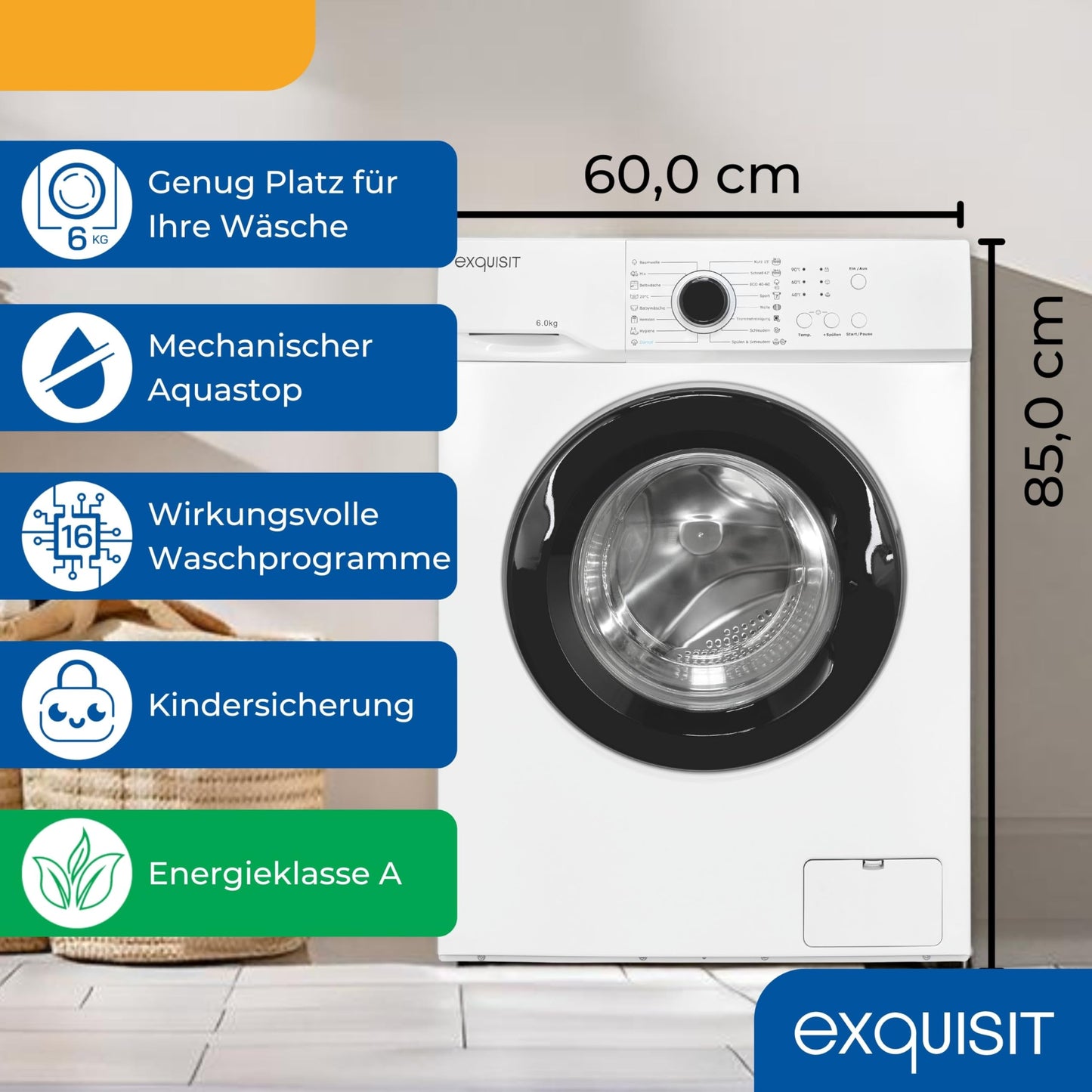 Exquisit Waschmaschine 6kg, Energieeffizienzklasse A, max. 1000 U/min, ECO 40-60, Kurzprogramm, Kindersicherung, 16 Waschprogramme, WA56110-020A weiss