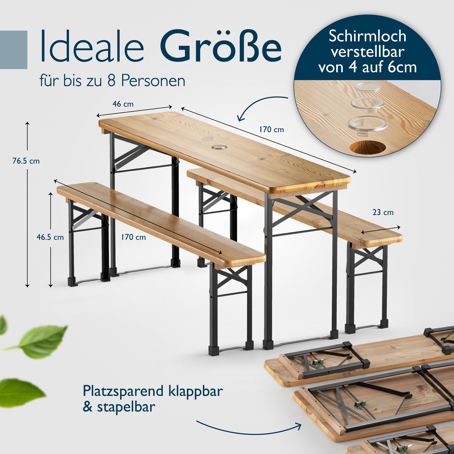 Beautissu 3tlg Bierzeltgarnitur klappbar 170x46 cm Holz - Biertischgarnitur mit Schirmloch Bierbank Bierzeltgarnitur klein - Bierbankgarnitur Biergartengarnitur Festzeltgarnitur Campingtisch Outdoor