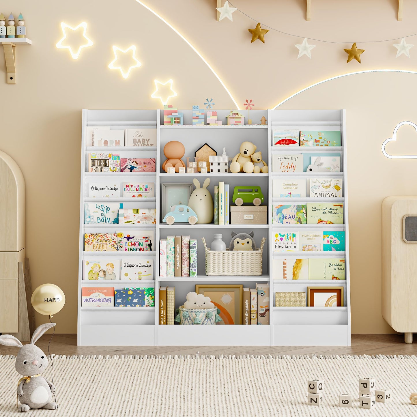 FOREHILL 129 cm Breite Kinderregal, Bücherregal für Kinder mit 14 Ablagen, Kinderzimmer Möbel aus Holz, Spielzeugregal, Regal für Kinderzimmer, Kindergarten, Leseecke, 129 x 120 x 35 cm (weiß)