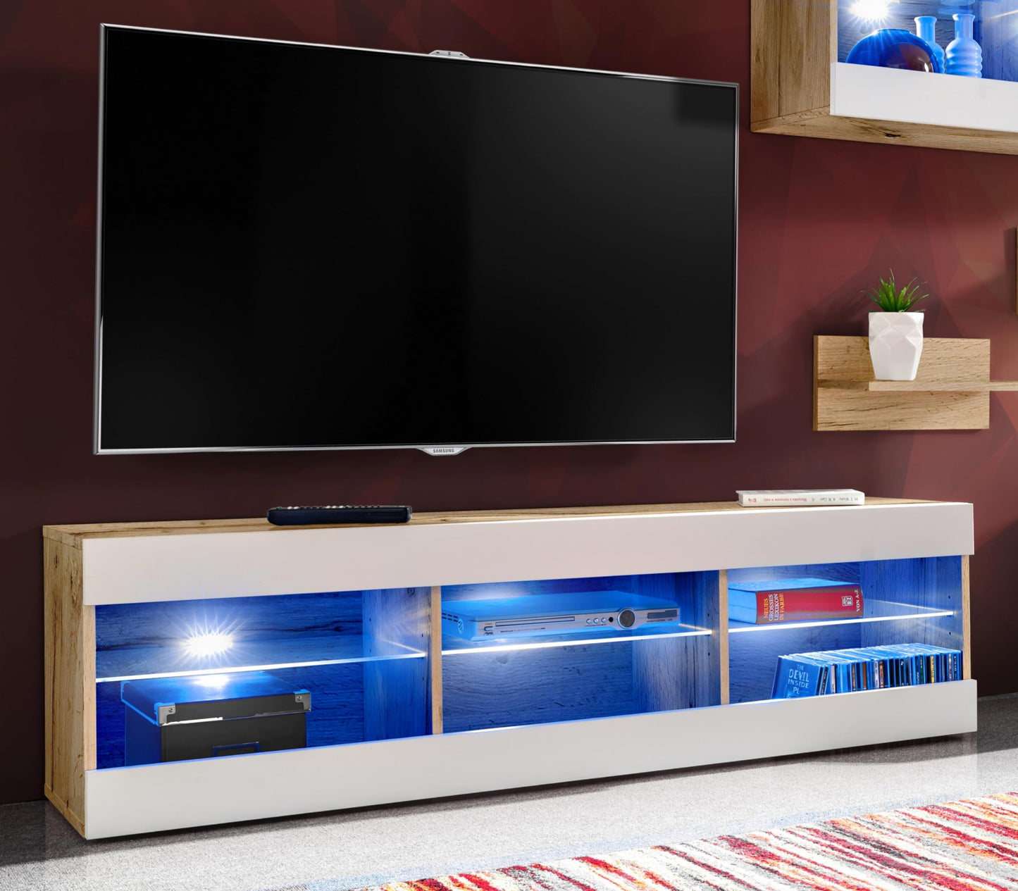 Komodee Tivoli Medio Wall Unit Living Room Set, Black/Black, Width 245 cm x Height 159 cm x Depth 35 cm, LED Blue, for Living Room, Bedroom