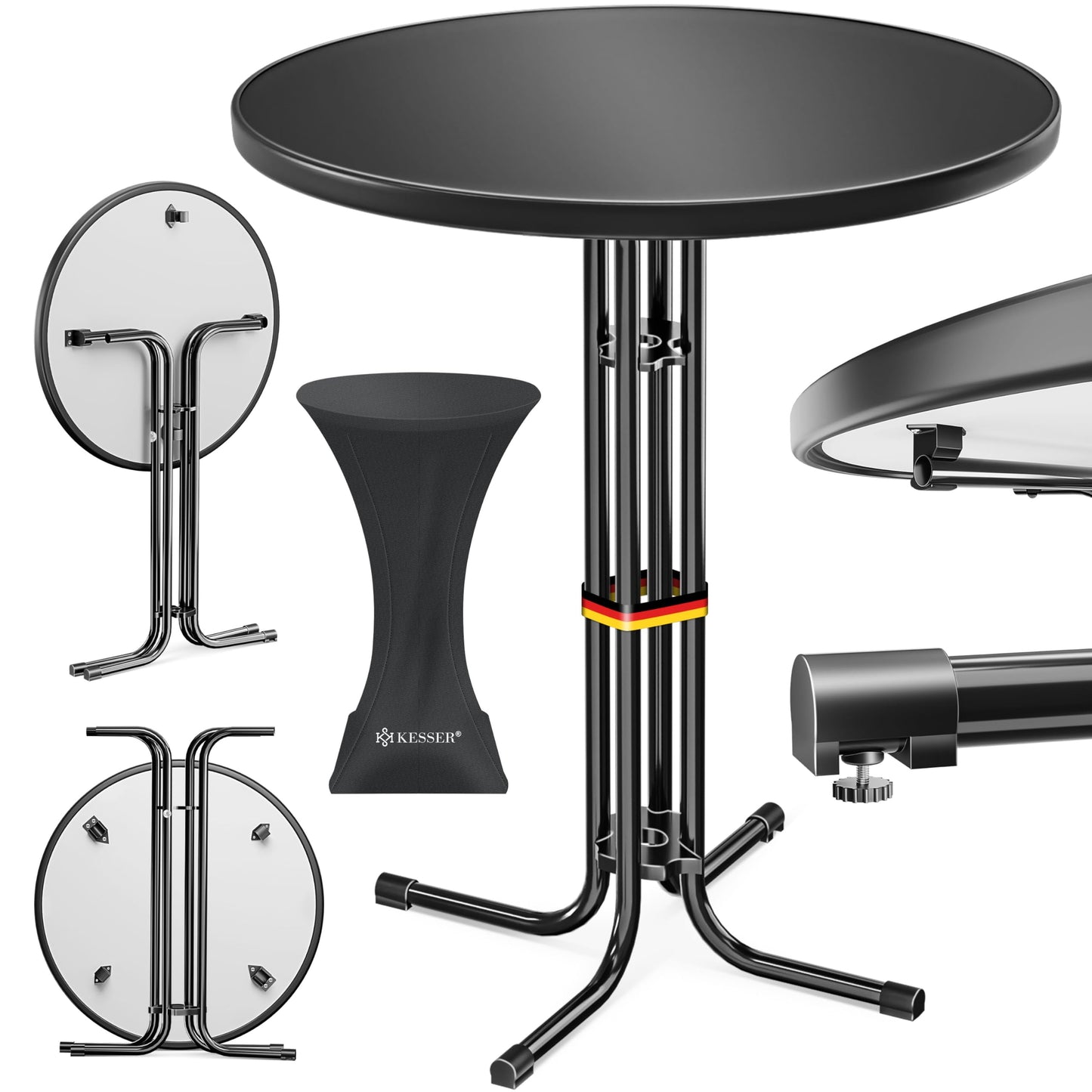 KESSER® Gastro Bar Table Folding Bistro Table Powder-Coated Stainless Steel Top Height-Adjustable Feet Party Table Diameter 80 cm Indoor and Outdoor Reception Table Folding Table Including Cover Black