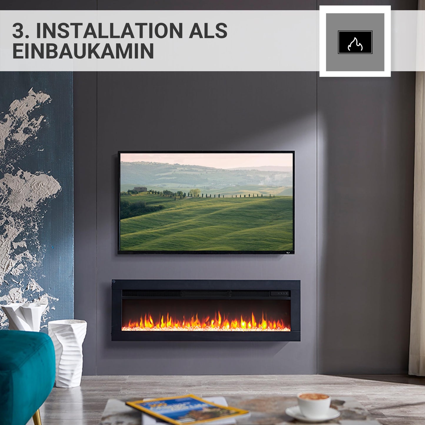 BALDERIA Elektrokamin Agnes 36" | 3in1 Elektrischer Stand-, Wand- oder Einbaukamin mit 3D-Flammeneffekt | Elektro Heizung 1800W | Kamin mit Fernbedienung, Startsteuerung, Timer & Thermostat | Schwarz