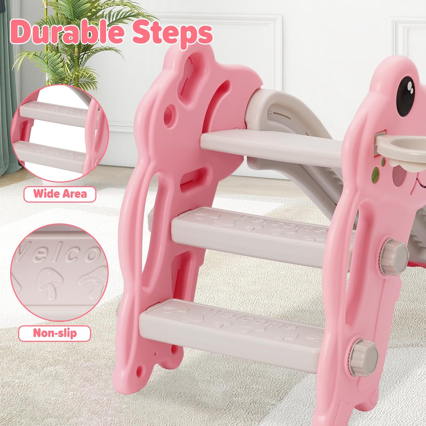 YULEYU Kleinkind Rutsche für Indoor & Outdoor Spielen mit Basketball-Ring, Anti-Rutschschritte, 100cm Baby Kletter, Pink