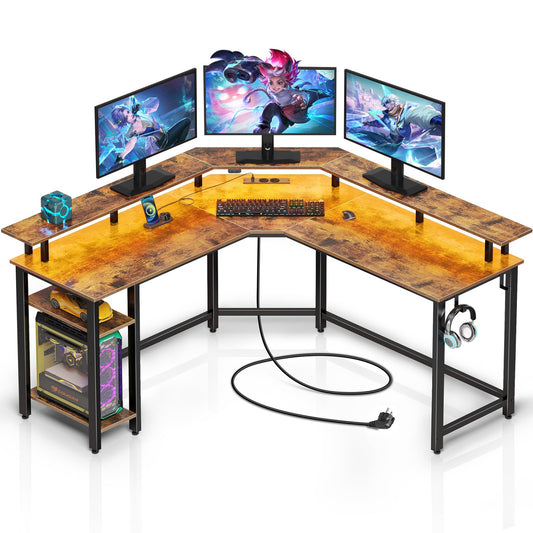 Rolanstar Schreibtisch L Form mit LED & Steckdosen, 117 cm Computertisch mit Monitorständer & Ablagefläche, Reversibler Eckschreibtisch mit 2 Haken, perfekt für Arbeitszimmer Schlafzimmer Büro