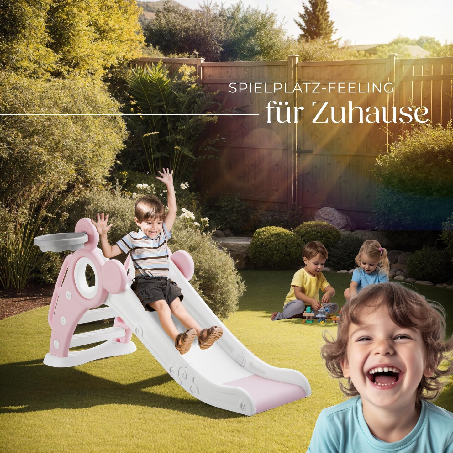 tectake® Rutsche mit Basketballkorb, Kinderrutsche, Baby Rutsche klappbar, für Kinder ab 2 Jahre, Spielgeräte zum Klettern und Bewegung Kinder Indoor und Outdoor Spielzeug, Indoor Spielplatz - pink