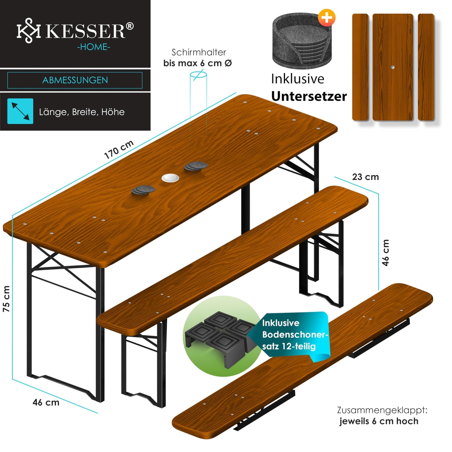KESSER® Bierzeltgarnitur 3 teilig Gartenmöbel-Set | Klappbar 220 x 50 x 77cm | 2X Bierbänke 1x Biertisch | Festzeltgarnitur Biertisch Stehtisch Sitzgarnitur Holz 16-teiliges Bodenschoner-Set