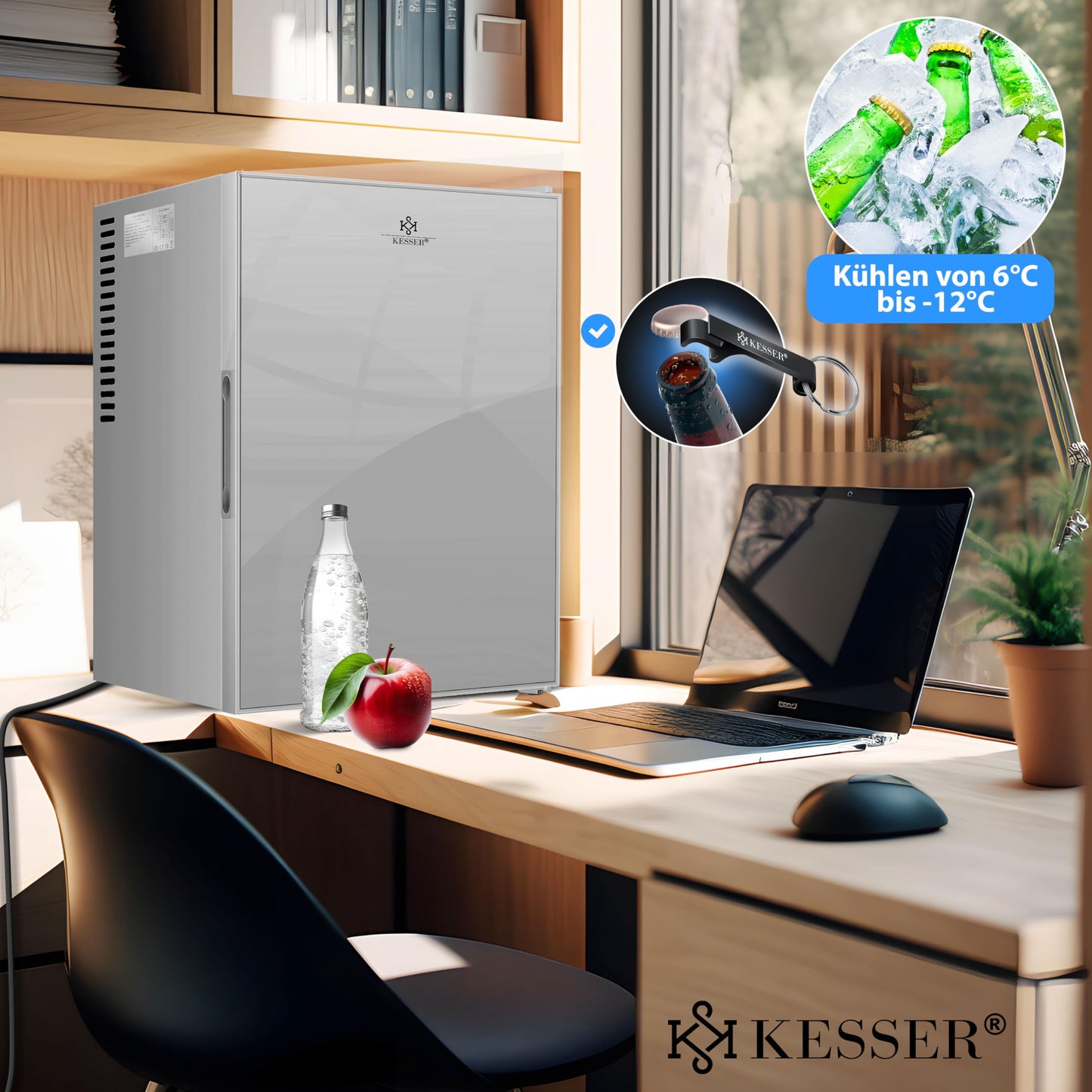KESSER® Mini Fridge 40 L Lockable Mini Bar Ideal for Camping, Office, Bedroom, Hotel, Kitchen, Small Fridge Completely Silent, Interchangeable Door Hinge, Interior Lighting with Glass Opener