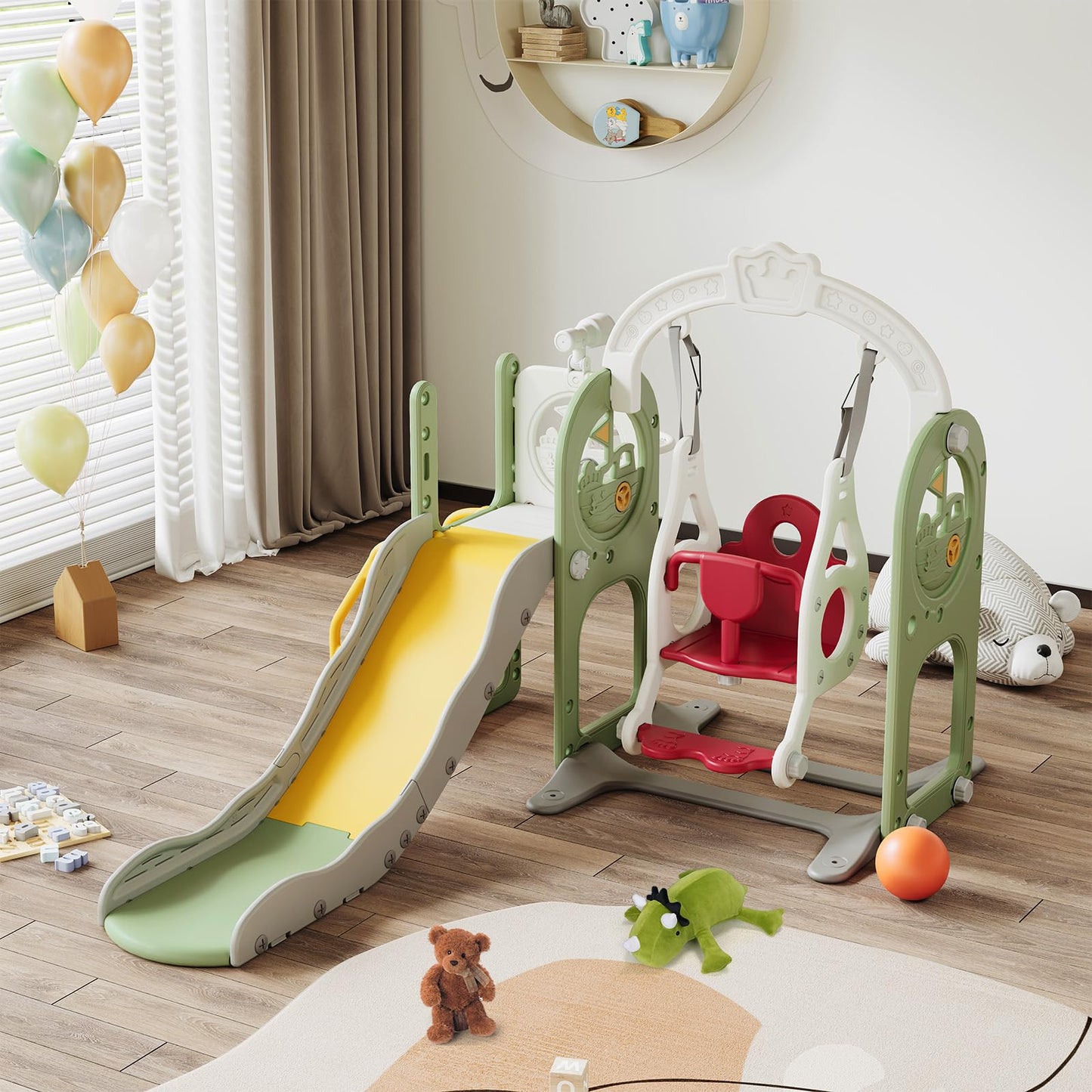 Kinderrutsche, Babyschaukel, 4 in 1, mit Schaukeln, Treppen, Gleiten, Basketballgestellen, Spielplatz für drinnen und draußen, multifunktionale Rutsche (Rosa, Kaninchen)