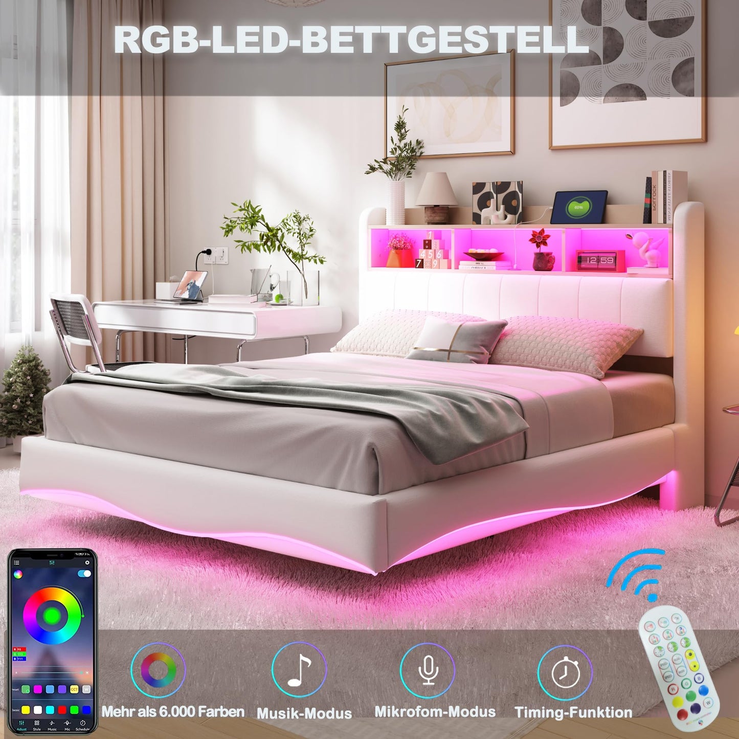 LAKFEW Polsterbett 140X200 cm, Doppelbett Stauraumbett mit LED-Beleuchtung, Erwachsenenbett mit USB/Typ-C, Bettgestell Bett mit Lattenrost, Ohne Matratze, Grau, Leinen