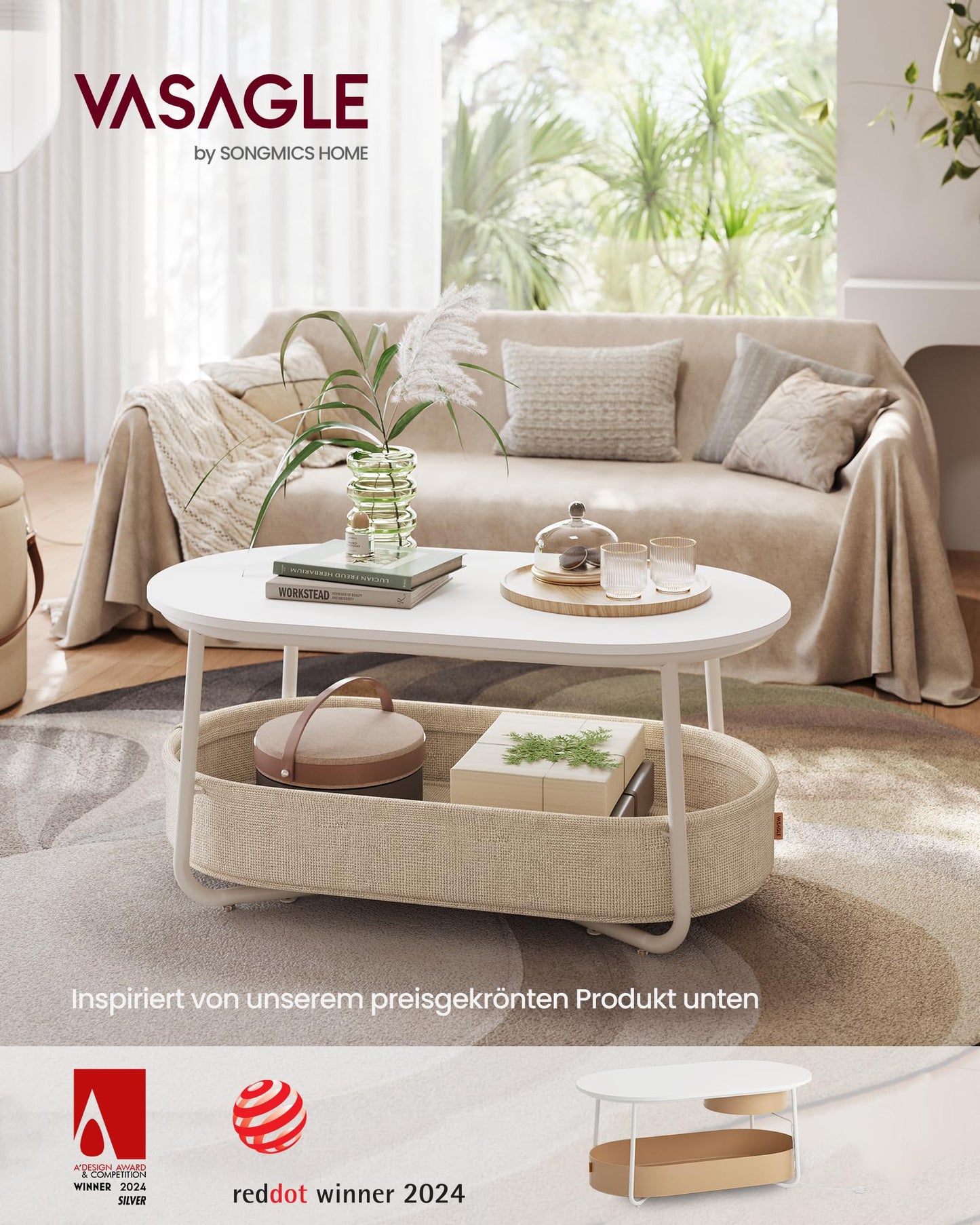 VASAGLE LCT244W10 Round Coffee Table with Storage Space Side Table Living Room Table with Fabric Basket Modern Metal Frame Matt White Camel Brown