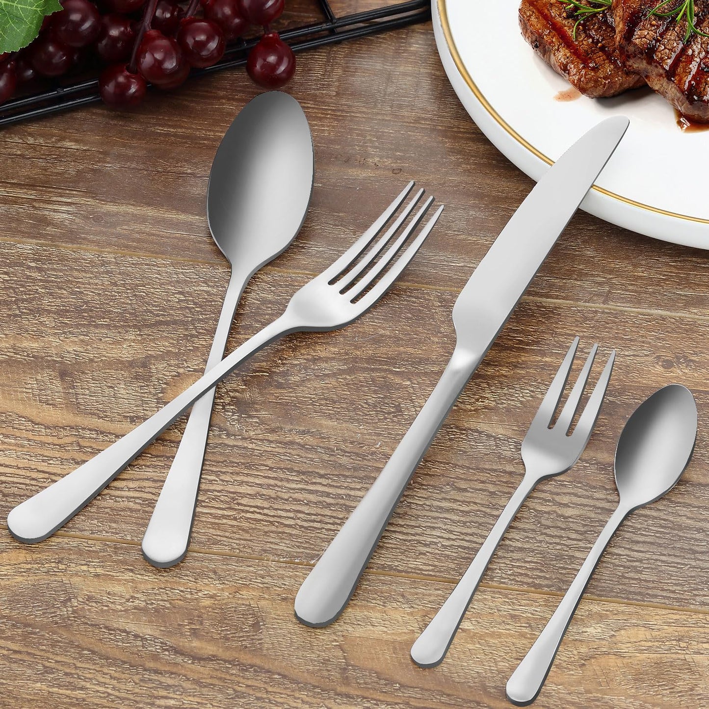 BEWOS Besteckset für 6 Personen, 30-teiliges Besteckset aus Edelstahl, Besteckset aus Silber, inklusive Messer, Gabeln und Löffel, hochglanzpoliert und spülmaschinenfest