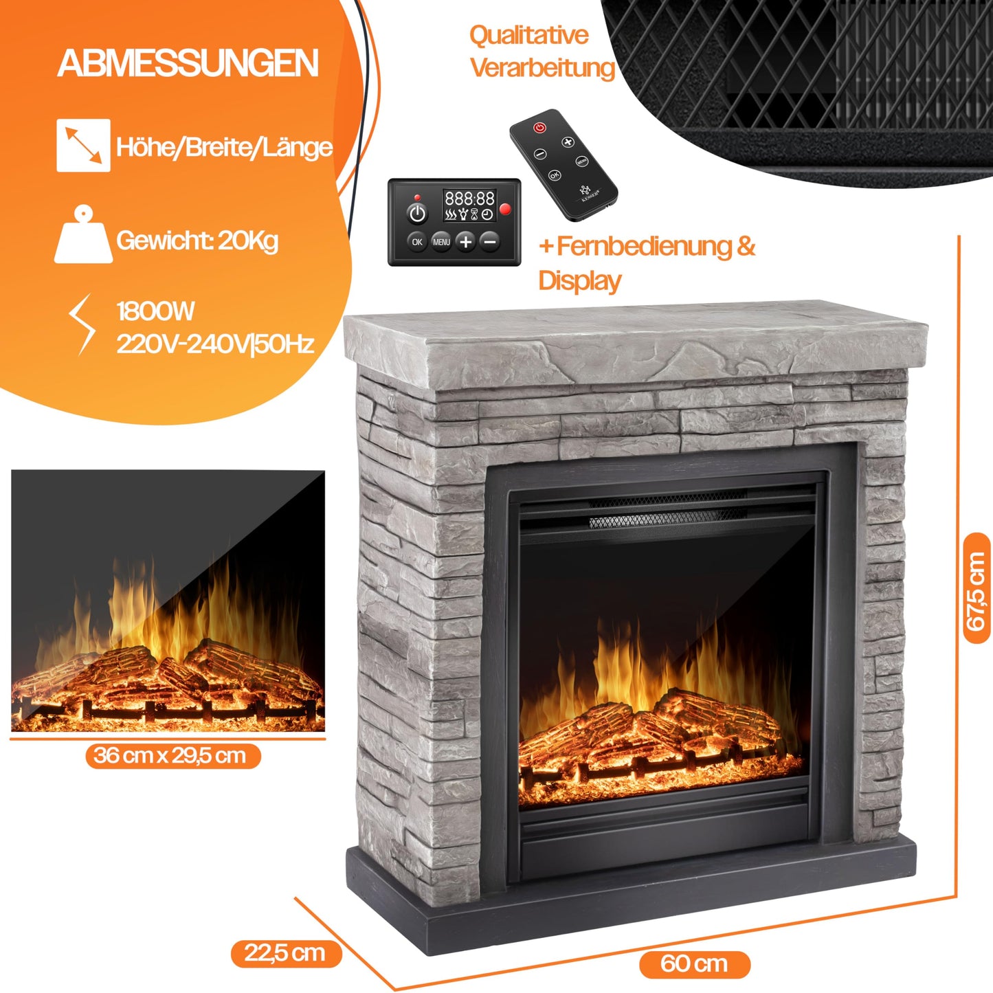 KESSER® Electric Fireplace with LED 3D Flame Effect, Heating Function, 1,800 W Power, Timer, Thermostat, Remote Control, Dimmable, Stone Look/Grey