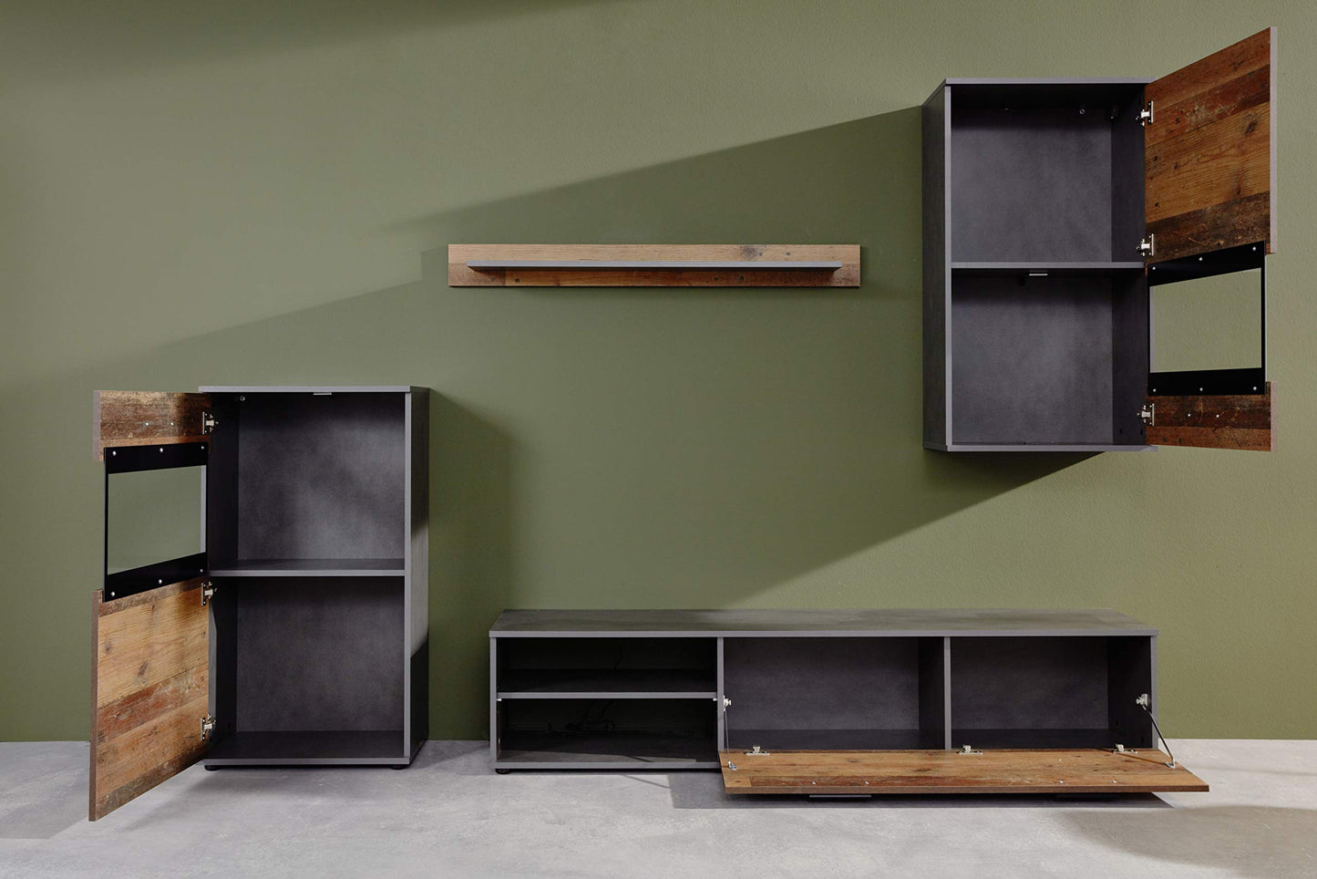 trendteam smart living - Logo - Wall Unit - Brown - Wall Unit with 1 Door, 1 Flap and 6 Open Compartments - (W x H x D) 240 x 185 x 41 cm - Silver Matte Handles