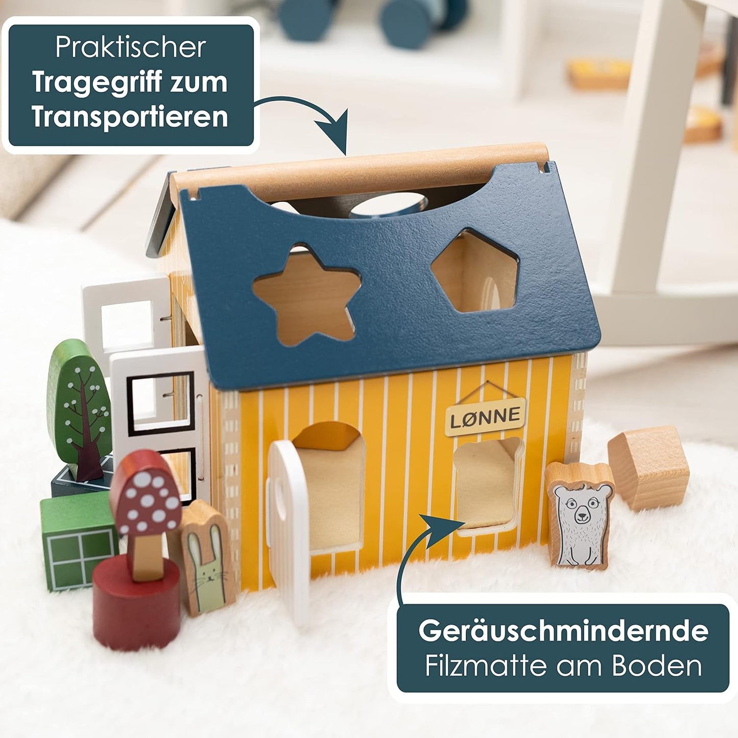 HEJ LØNNE Holz Steckhaus mit 12 Holzbausteine – Montessori Spielzeug zur Förderung von Motorik und Koordination - Steckhaus ab 1 Jahr - Motorikspielzeug