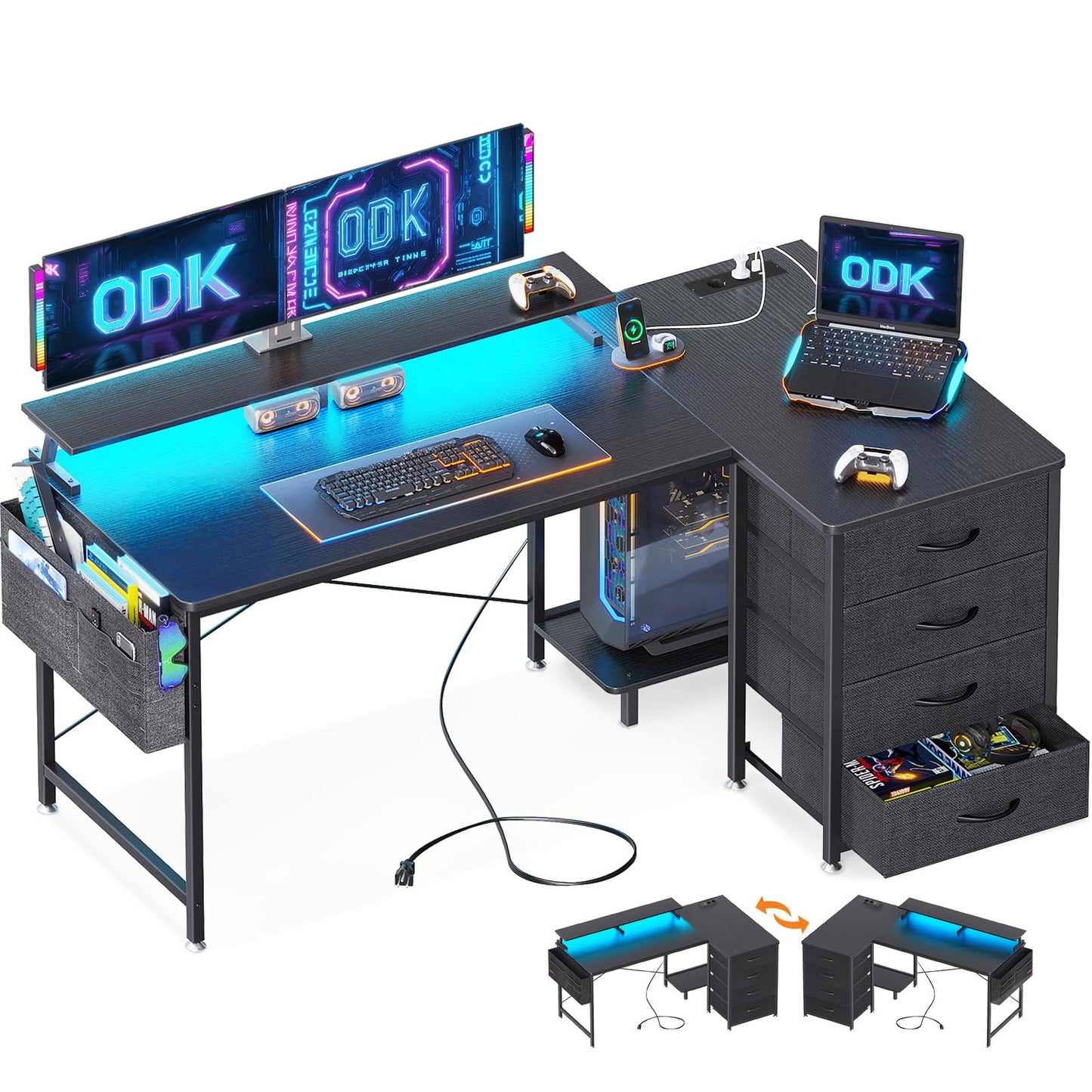 ODK Eckschreibtisch mit 4 Stoff Schubladen, 160x80cm Reversible Schreibtisch L Form mit 2 Steckdosen und 2 USB Ladeanschluss, Gaming Tisch L Form mit LED&Monitorständer für Home Office, Schwarz