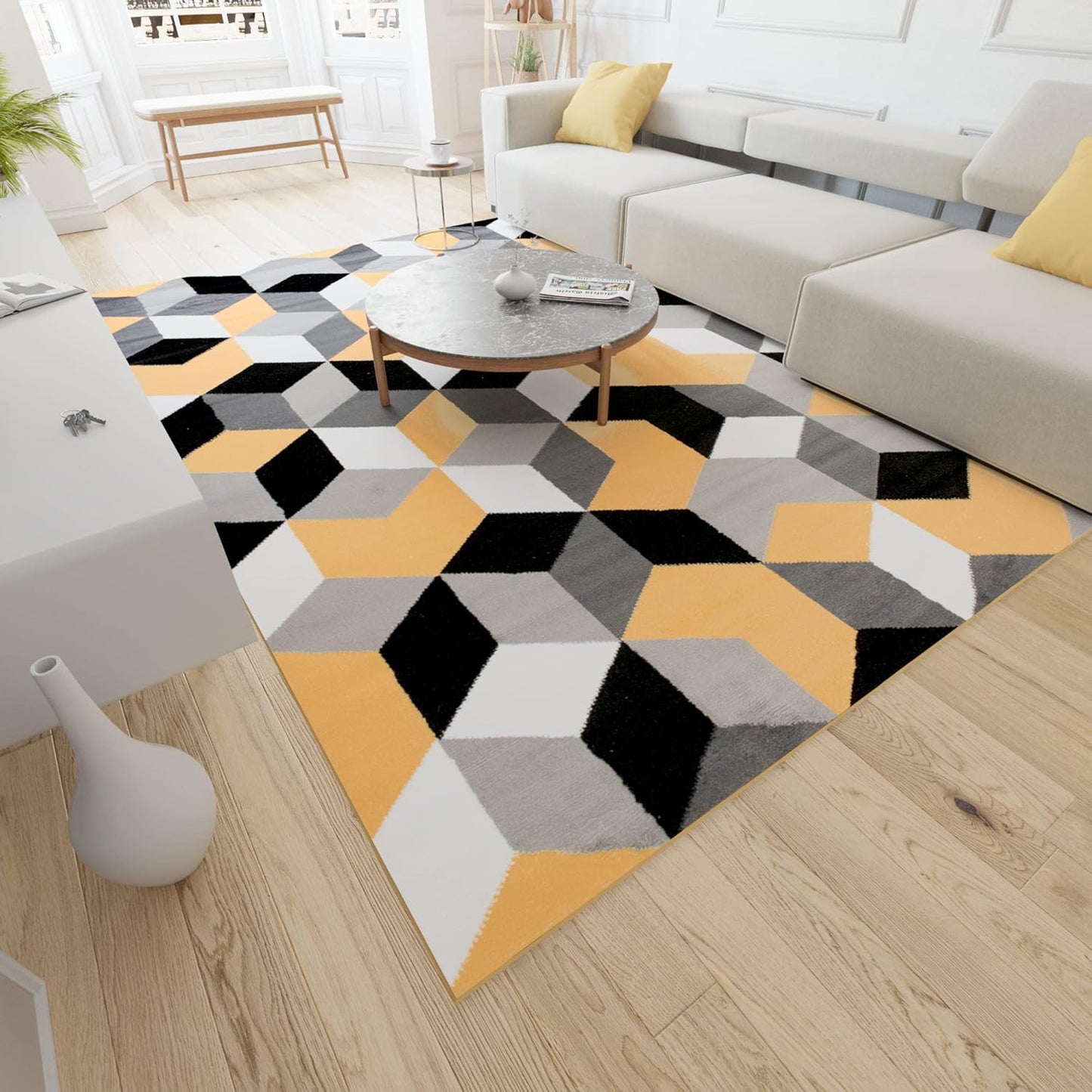 Mazovia Modern Rug, Short Pile, Oeko-Tex Rug for Living Room, Bedroom, Dining Room, Robust and Easy to Clean, Low Pile Height, Grey Yellow, 250 x 350 cm