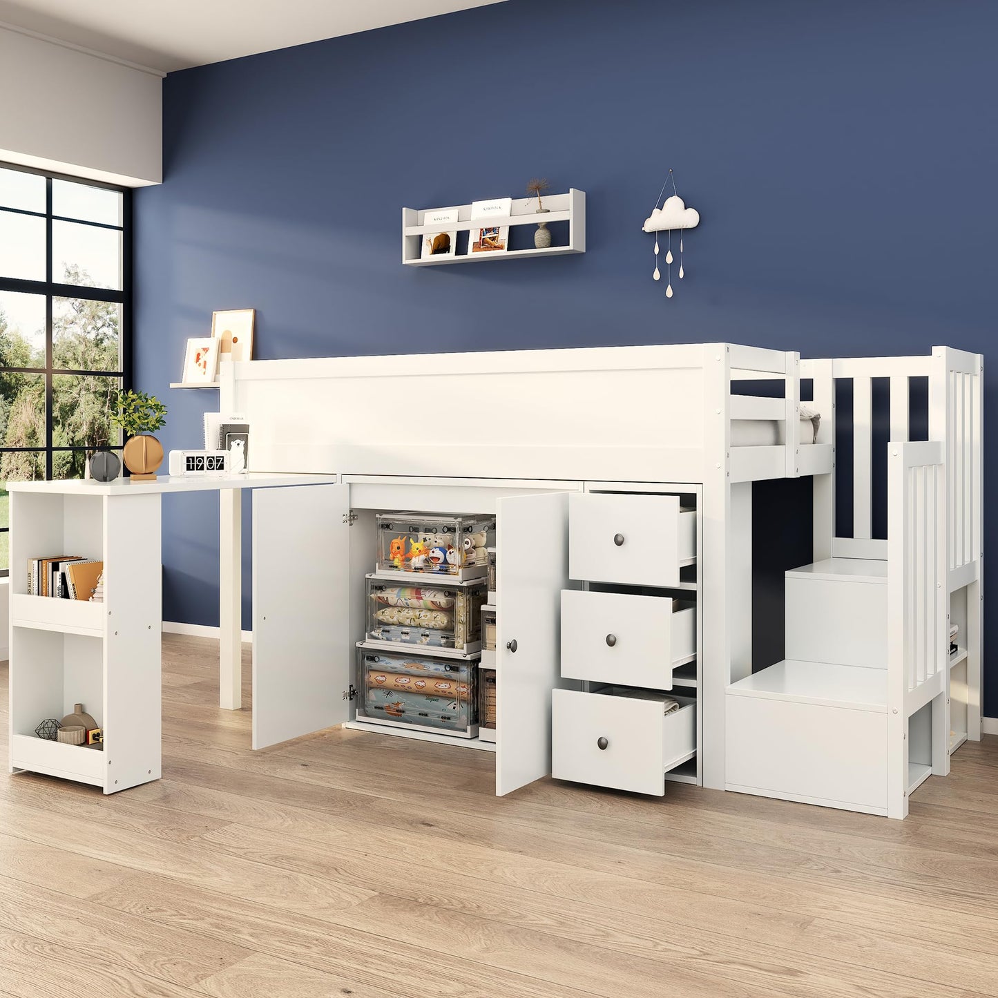 Children's Bed 90 x 200 cm, Wooden Bed with Drawers and Board, Headboard with Bookshelf and Fall Protection, Bed with Slatted Frame and Storage Space, Teenager's Bed, Functional Bed, Wooden Bed Frame,