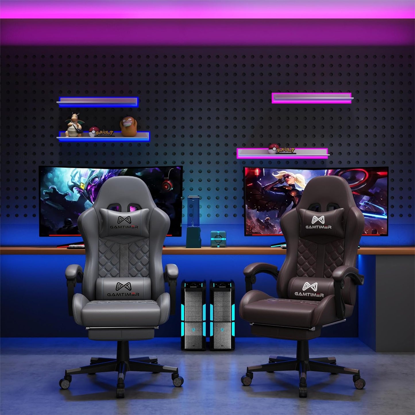 Gaming Chair, Ergonomic Office Chair, PC Chair, Gaming Chair, Lumbar Cushion and Footrest, PU Leather Gamer Chair, Adjustable Backrest from 90-155°, Height Adjustable 360° Swivel Chair (Pink)