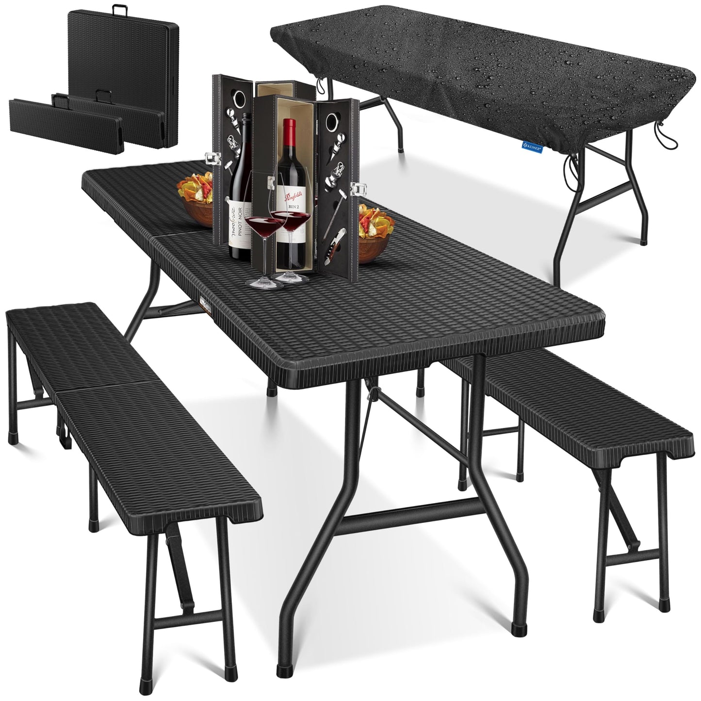 Kesser® Beer Tent Set – 3 Piece Set, Table + 2 x Bench, for Indoor / Outdoor, Folding, Carry Handles, HxWxD: 73 x 180 x 75 cm, Plastic, Rattan-Look Garden Set, Folding Table, Garden Table, Black