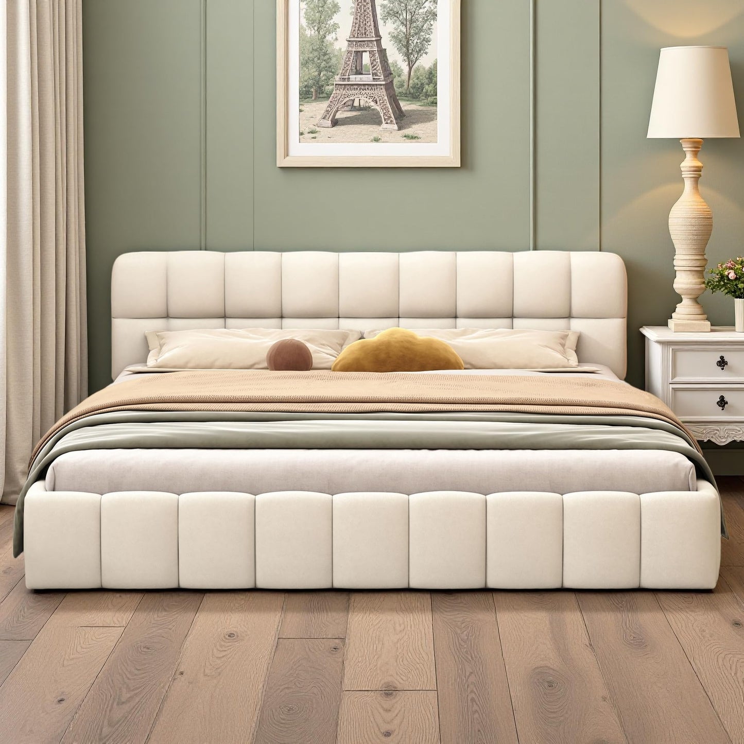 DULRLLY Bubble Bett Polsterbett 140x200 cm,Doppelbett mit Lattenrost, Jugendbett mit Gepolstertes Kopfteil, Gepolstertes Bett für Schlafzimmer und Gästezimmer,ohne Matratze, Leinenstoff (Weiß)