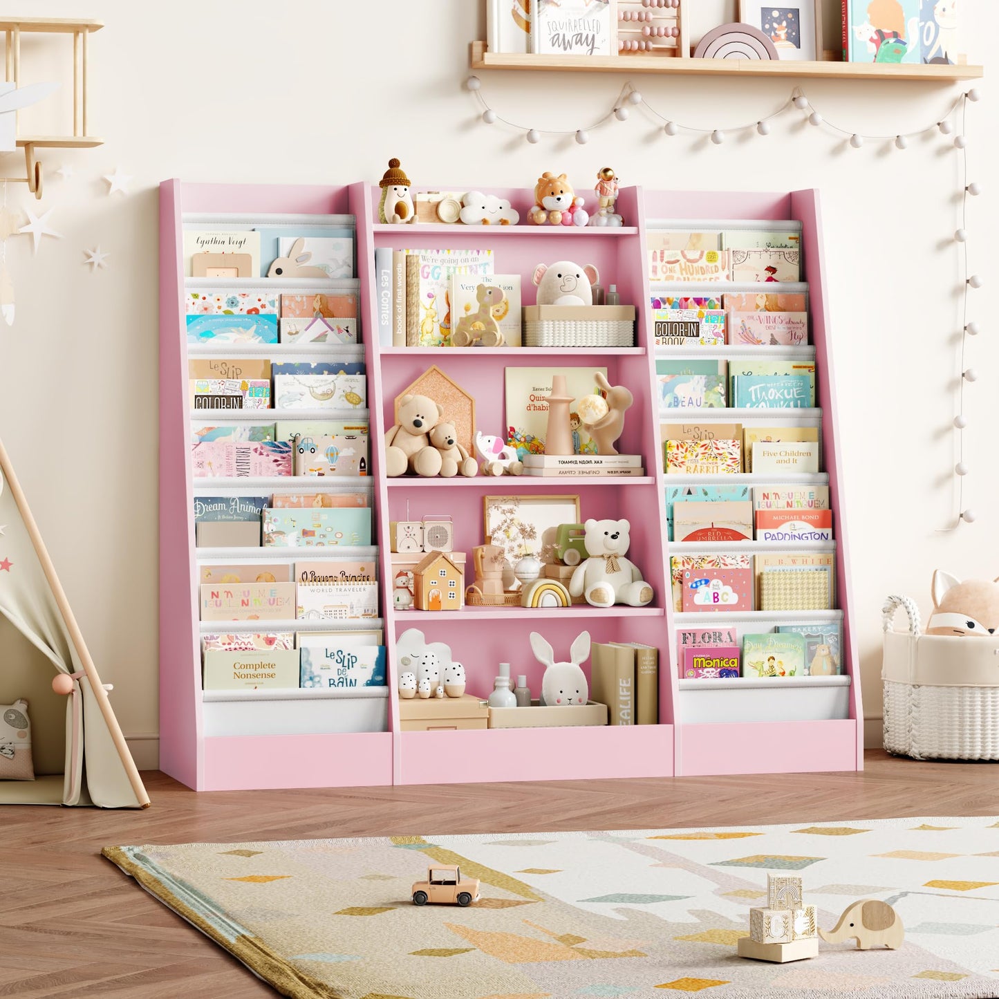 FOREHILL 129 cm Breite Kinderregal, Bücherregal für Kinder mit 14 Ablagen, Kinderzimmer Möbel aus Holz, Spielzeugregal, Regal für Kinderzimmer, Kindergarten, Leseecke, 129 x 120 x 35 cm (weiß)