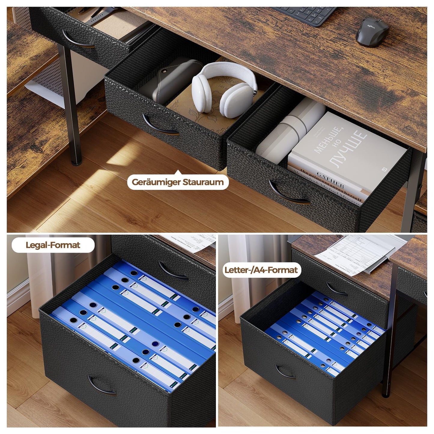 Seventable Schreibtisch L Form, Computertisch mit Steckdose, LED & Monitorständer, Reversibel Eckschreibtisch mit Schubladen, perfekt für Schlafzimmer Büro Wohnzimmer