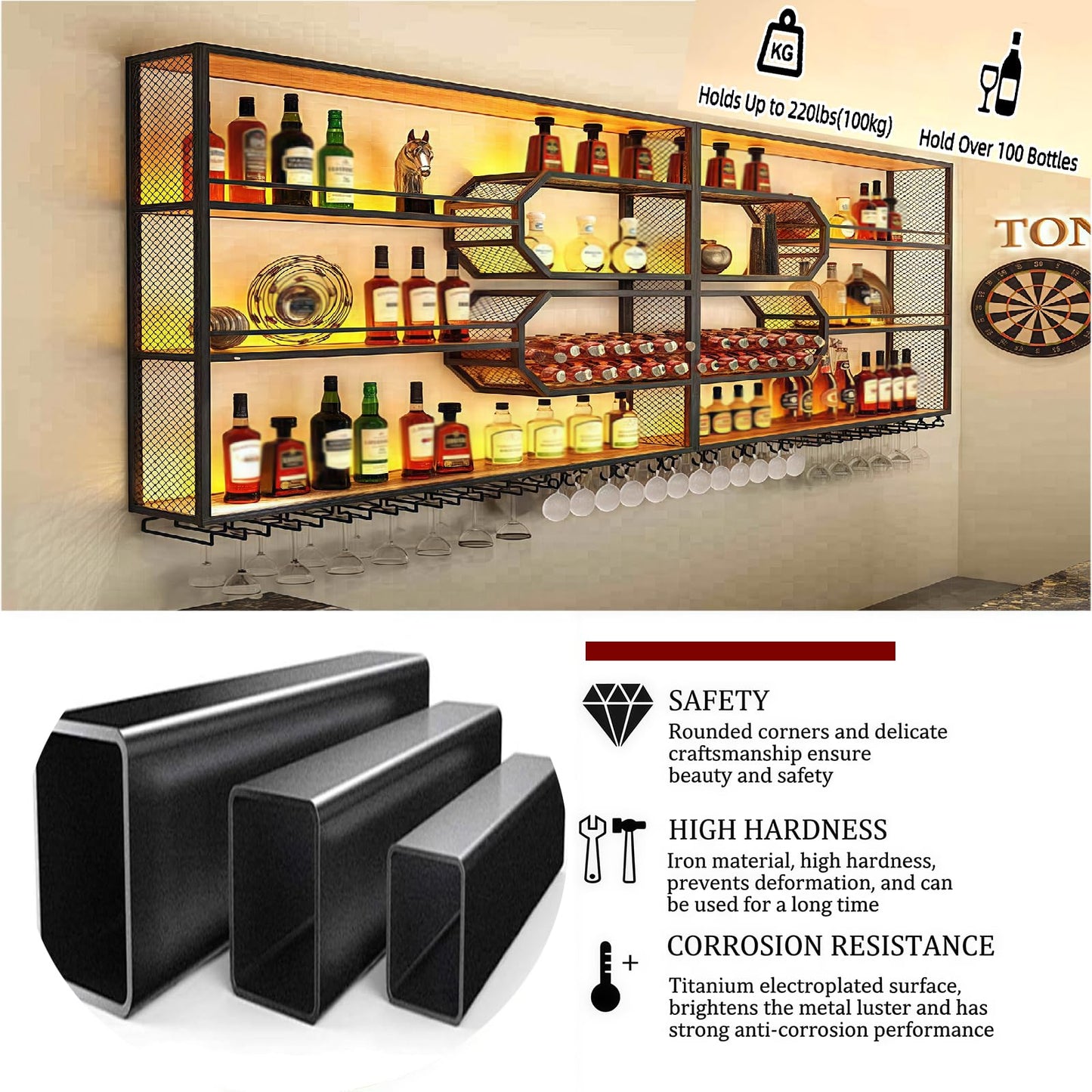 FKKPRVAX Wandmontiertes Weinregal mit LED Glashalter, 4 stöckiges Metall Wandmontage Wine Display Ständer, Wand Flaschenregal für Bar-Einheiten, Restaurants und Zuhause (240×125×25cm)
