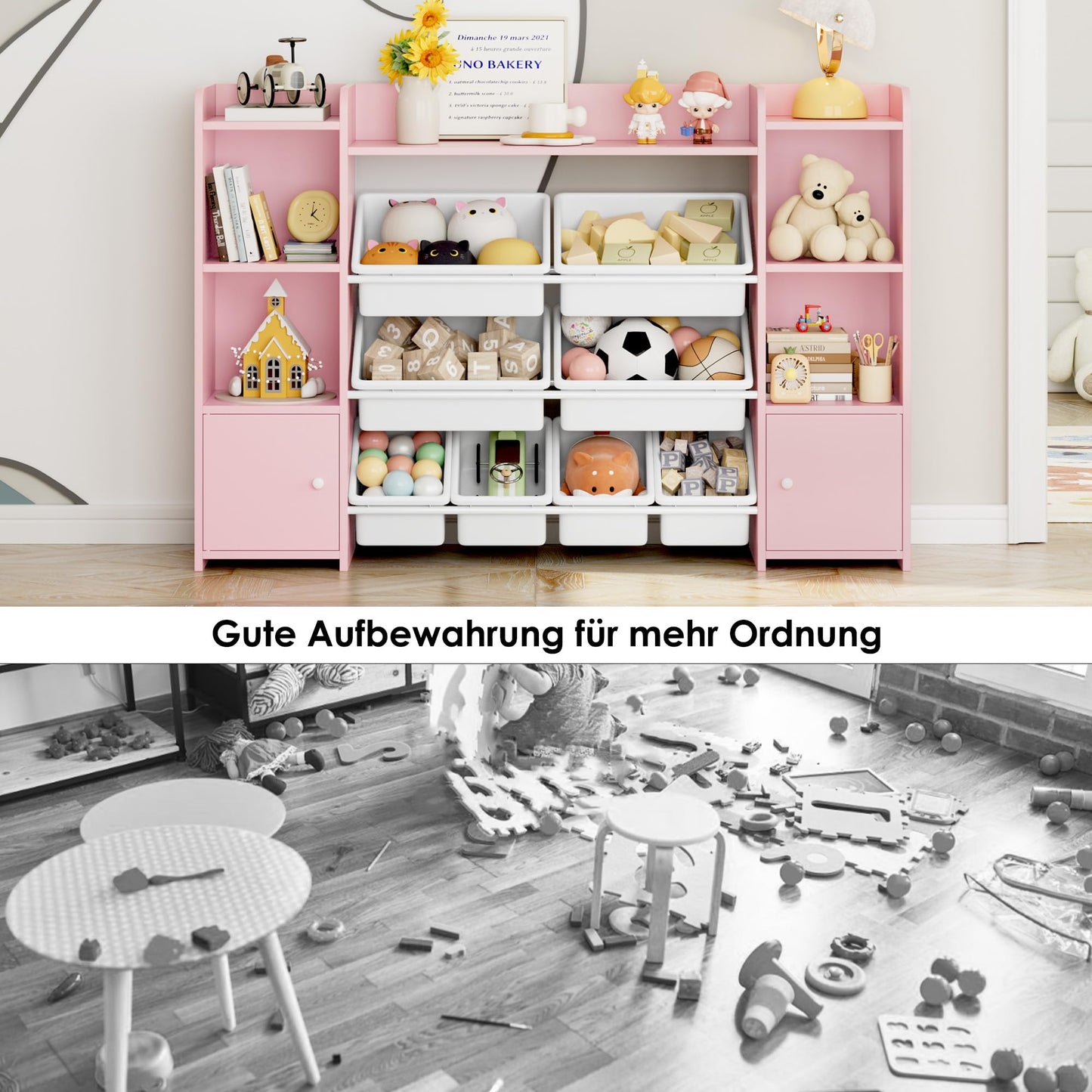 FOREHILL Kinderregal mit 8 Boxen Kinderschrank Holz Bücherregal für Kinder Aufbewahrungsbox Kinderzimmer Möbel mit Spielzeugkiste 138,8 x 94,3 x29,6 cm (rosa)