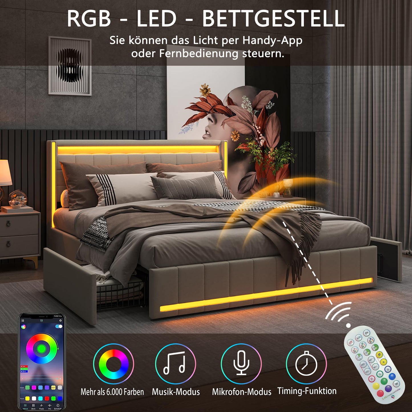 KeepGoon Doppelbett 140 x 200 cm,Polsterbett mit LED-Leuchten, 4 Eisenschubladen und einem USB Ladeanschluss,Stauraumbetten Bettgestell,Leinenstoff (Beige)