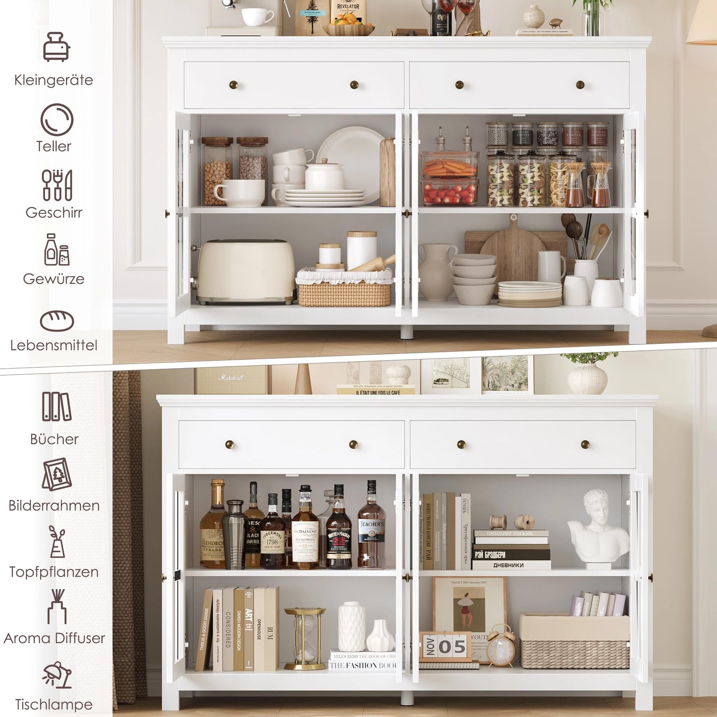 FirFurd Sideboard 140 cm Wide Kitchen Cabinet with Worktop Sideboard Living Room Kitchen Buffet Cabinet with 2 Drawers 4 Glass Doors Kitchen Buffet with Adjustable Shelves 140 x 40 x 91 cm Black